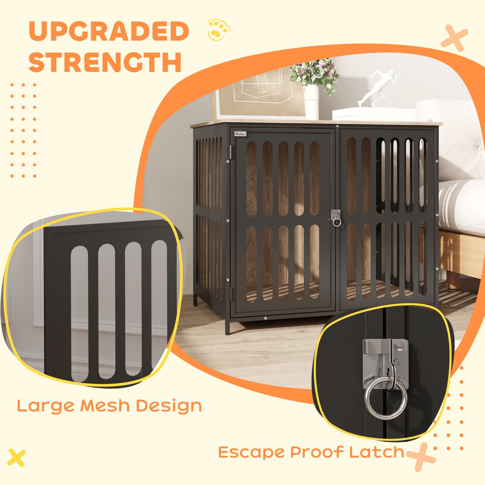 Dog Crate Furniture with Anti-Chew Resistant Mesh, Anti-Escape Single Door, for Medium Dogs, 80 x 55 x 72 cm