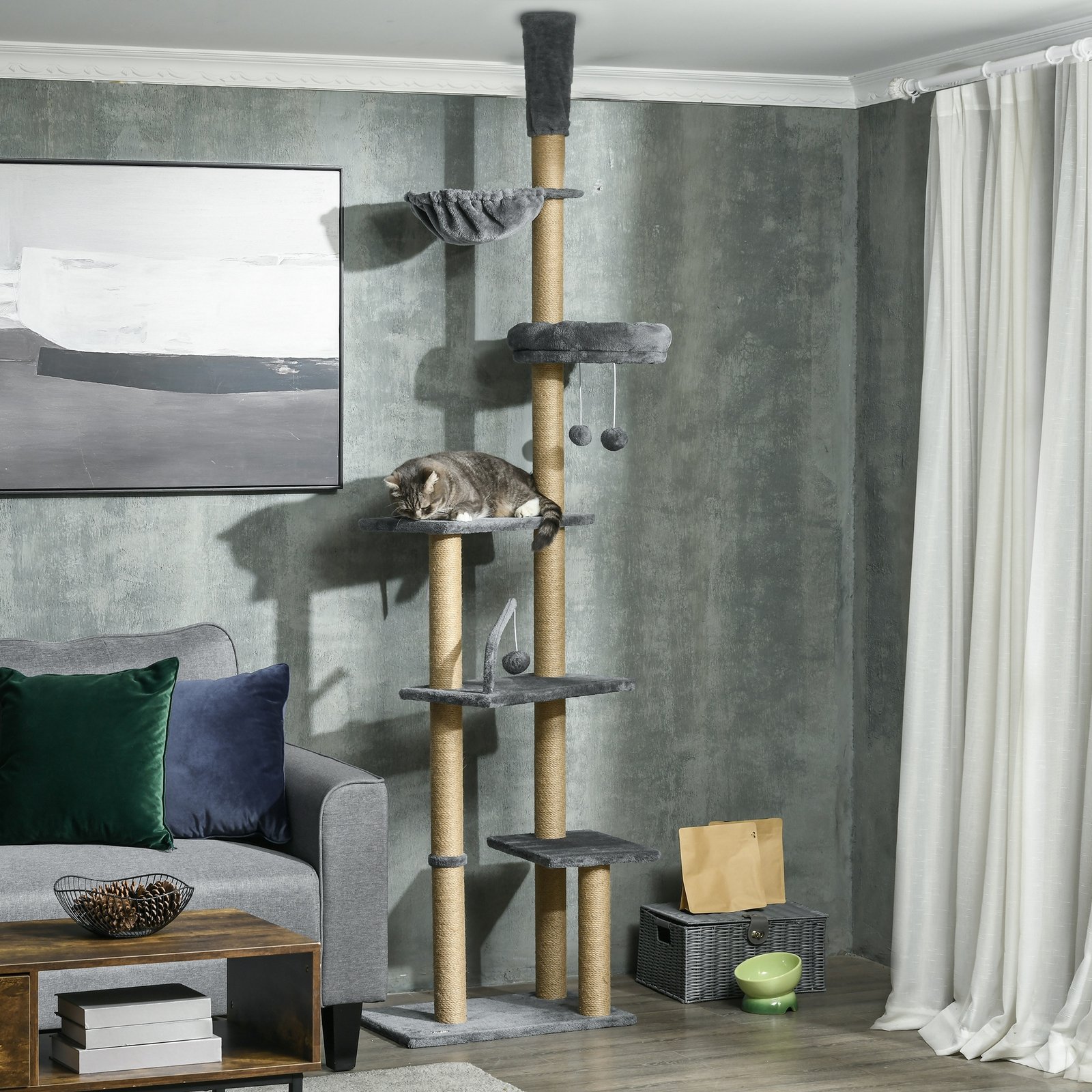 230-250cm Floor-to-Ceiling Climbing Cat Tree Tower - Grey
