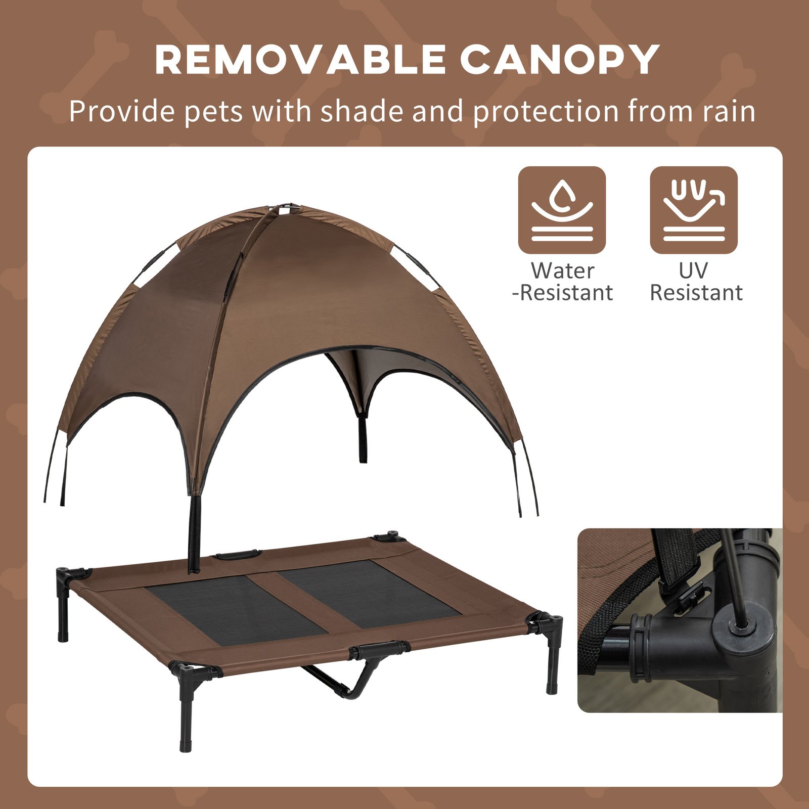 Outdoor Dog Bed with Removable Canopy, Portable Raised Dog Bed for Camping, Garden & Beach, Water-Resistant UV-Protection Mesh Pet Cot Sun Lounger, for Large Pets, 92 x 76 x 90 cm, Brown