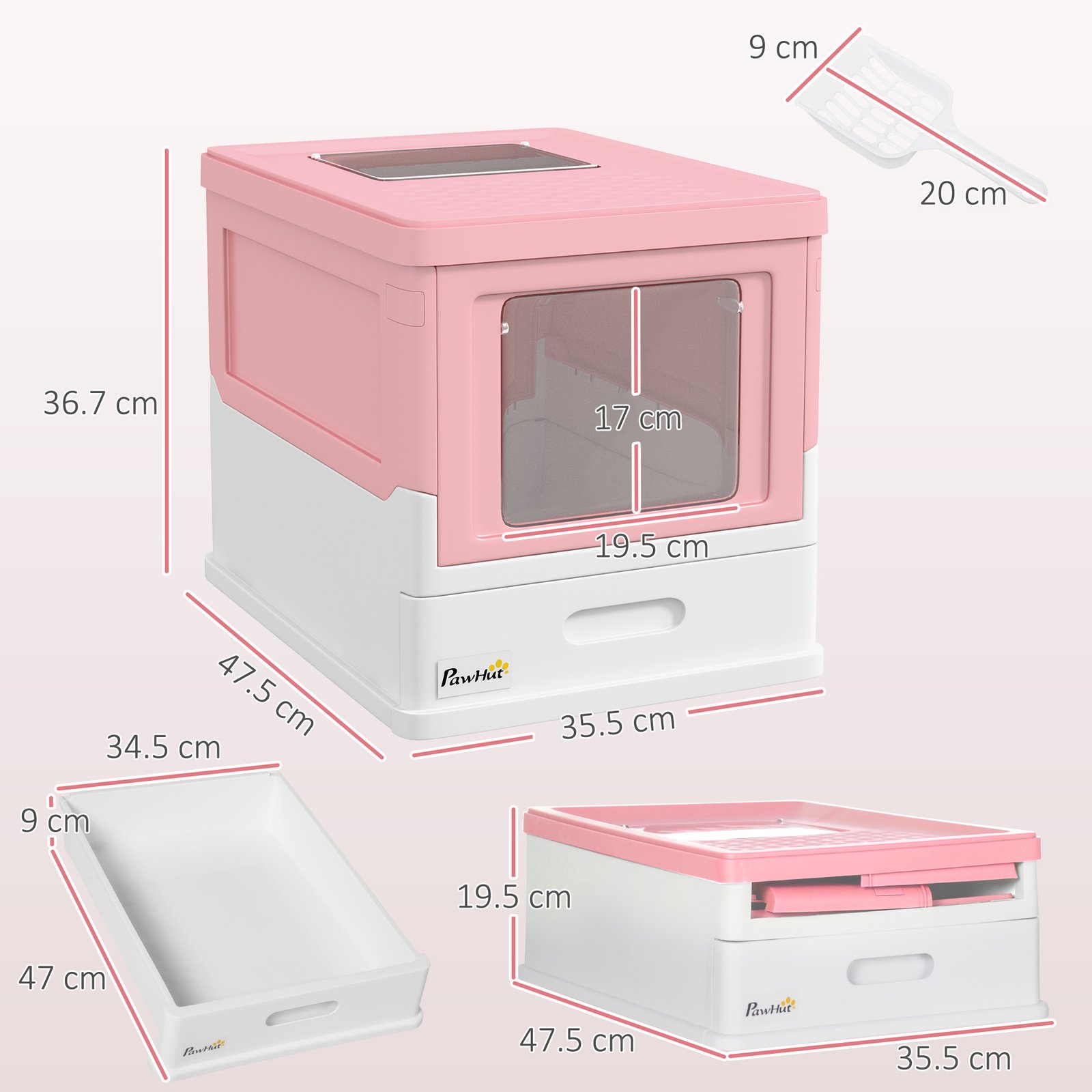 Hooded Cat Litter Box, Portable Pet Toilet, with Scoop, Front Entry - Pink