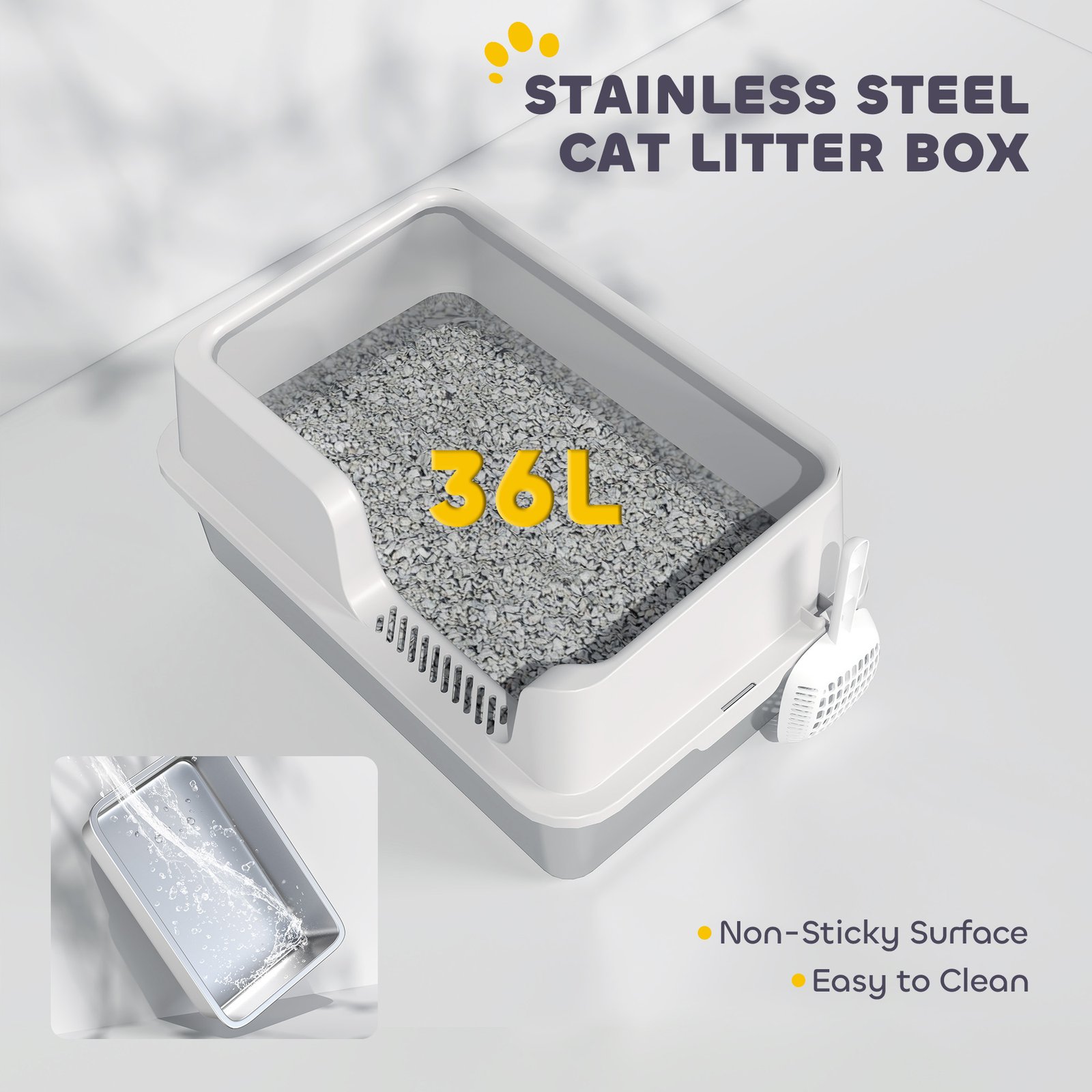 Stainless Steel Litter Box with Detachable Rim, Scoop, Easy Cleaning, Odour-Resistant, 60 x 40 x 28 cm