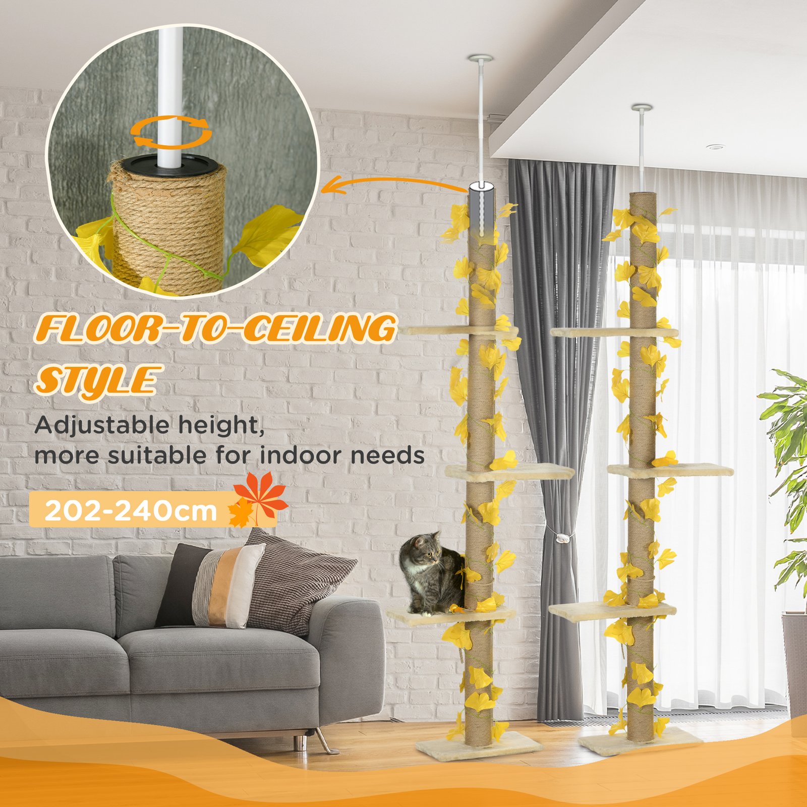242cm Adjustable Floor-To-Ceiling Cat Tree, with Artificial Decoration, Perches, Anti-Slip Kit - Yellow - Image 4