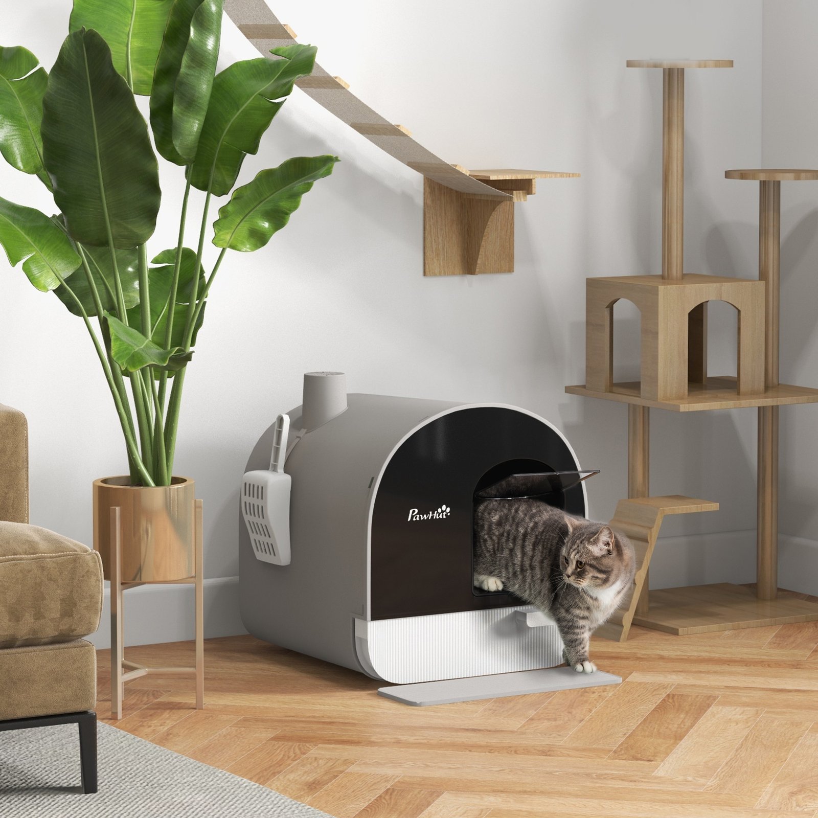 Hooded Cat Litter Box, Kitten Litter Tray, with Lid, Scoop, Filter, Flap Door, Light Grey