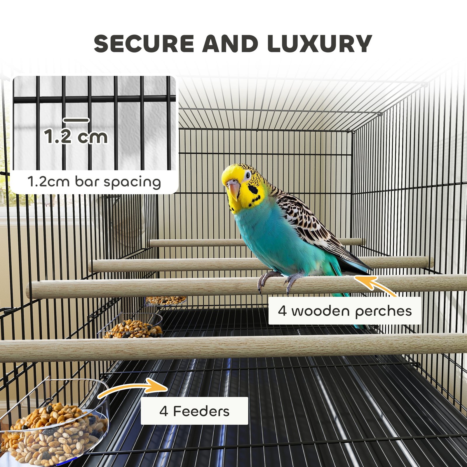 Bird Cage with Divider, 4 Wooden Perches, Slide Out Tray, 4 Feeders, for Budgie, Lovebird, Canary, 76 x 46 x 116cm Black - Image 5