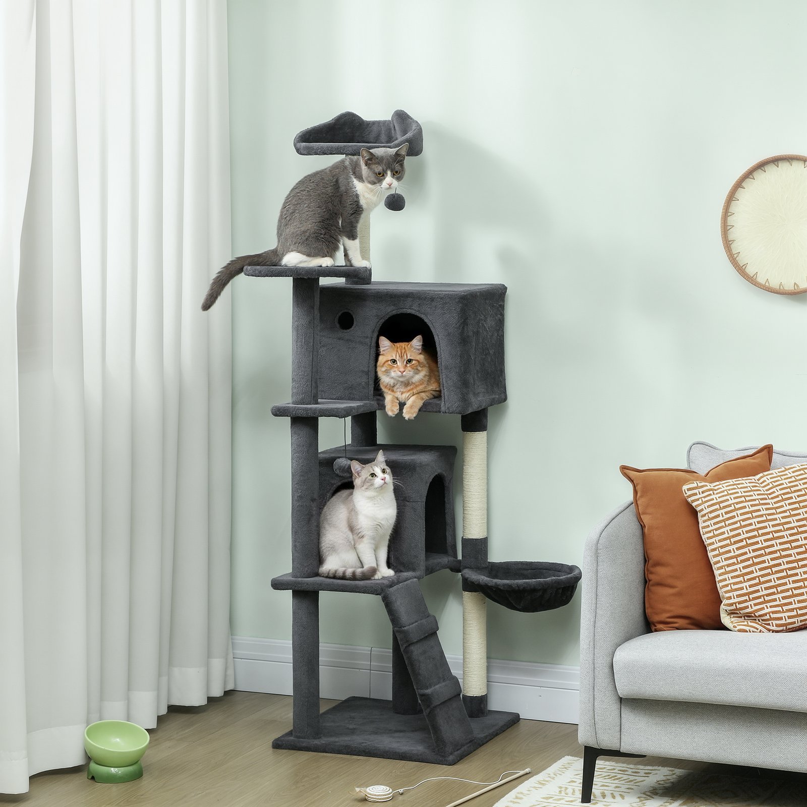 160cm Large Cat Tree Tower with Sisal Scratching Posts, Condos, Plush Perches, Hammock, Ladder, Dark Grey