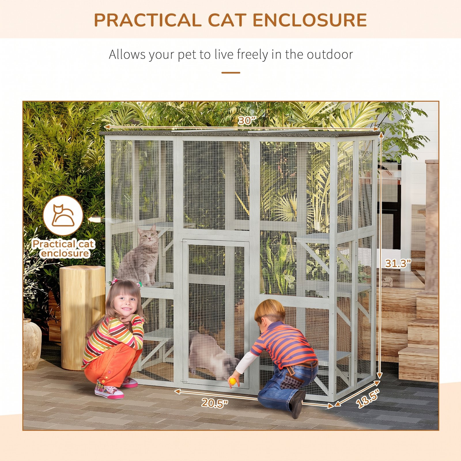 Wooden Catio Cat Outdoor Enclosure, Cat Cage with Waterproof Roof, Platforms, for Multiple Kittens, 180 x 98 x 180 cm