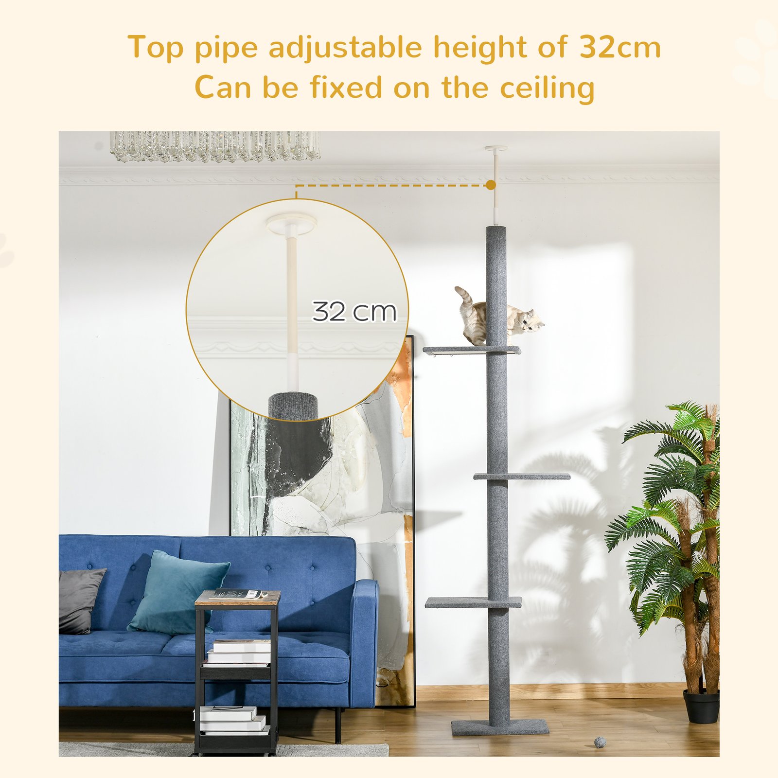 260cm Floor To Ceiling Cat Tree for Indoor Cats w/ Three Platforms Activity Centre - Grey - Image 5