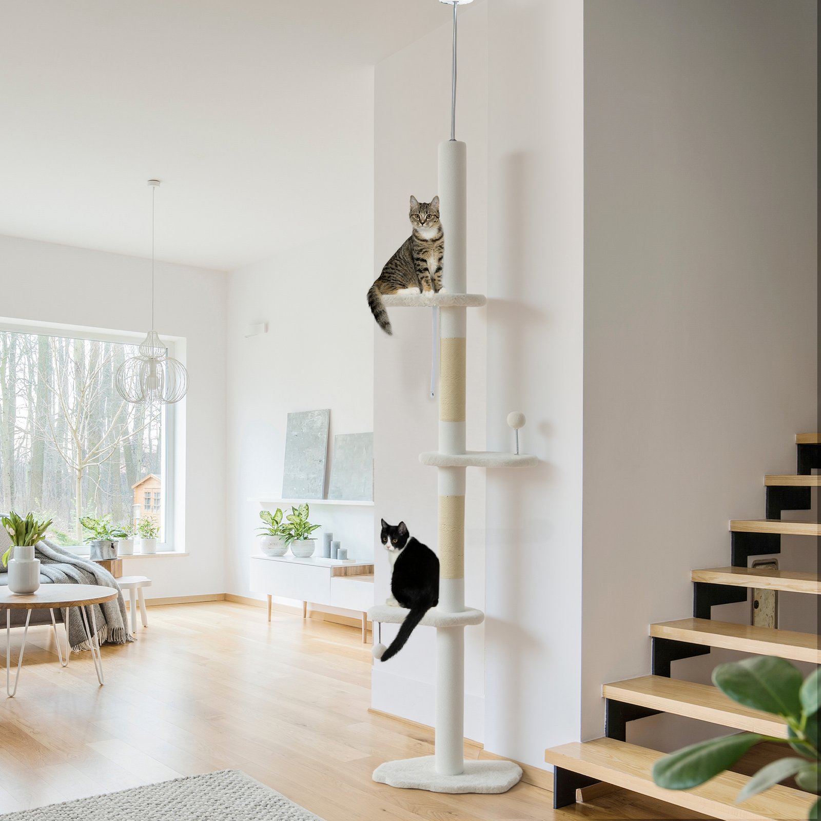 225-255 cm Adjustable Cat Climbing Tower with Sisal Scratching Posts, 2 Hanging Play Balls and Anti-Tip Strap, Beige