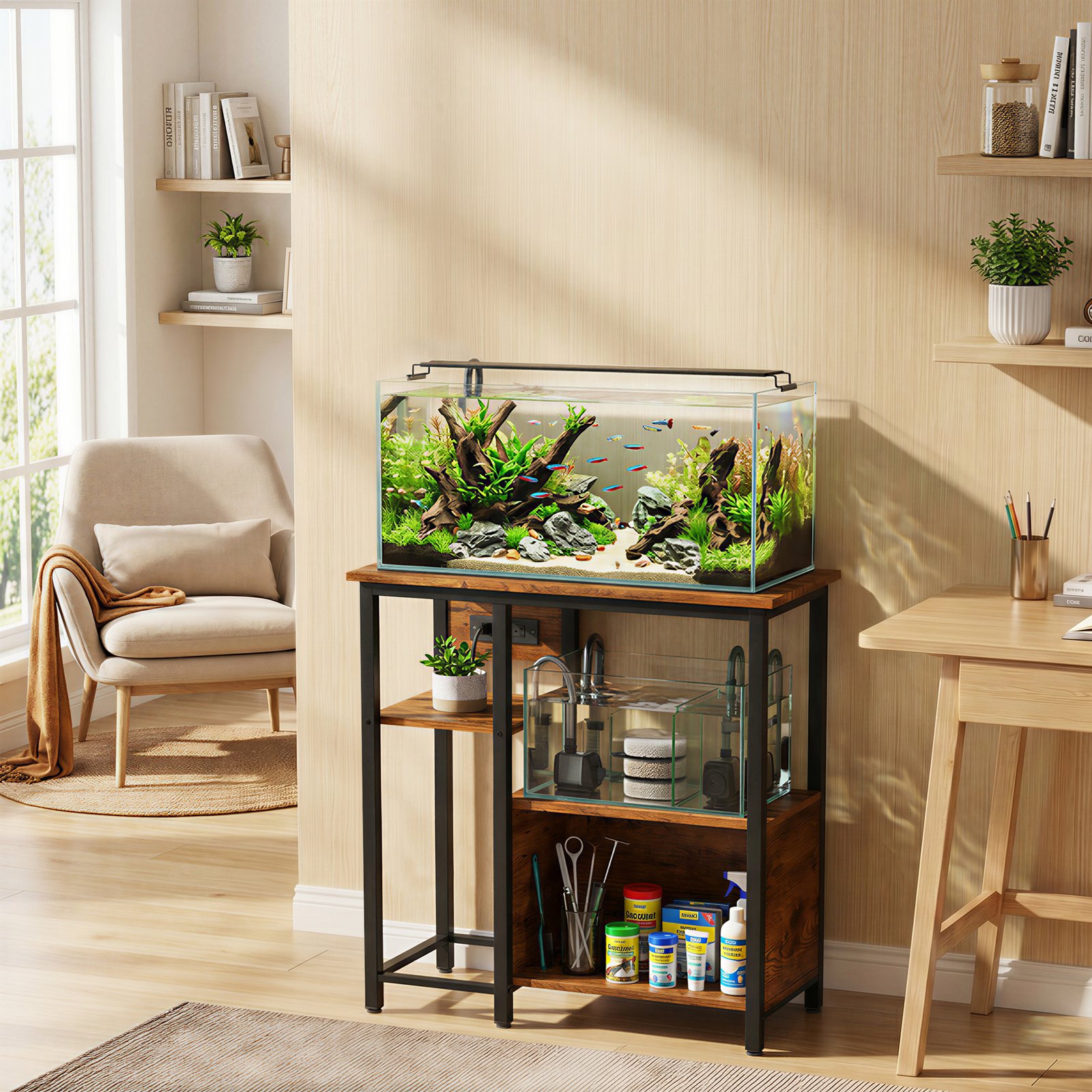 Fish Tank Stand with Power Outlets Aquarium Stand with Cabinet 20-29 Gallon Tanks Tiger Wood Grain