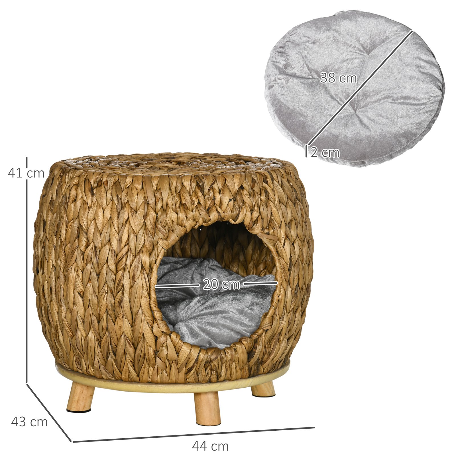 Wicker Cat Bed Cat House Stool with Washable Cushion, 44 x 43 x 41cm - Image 3