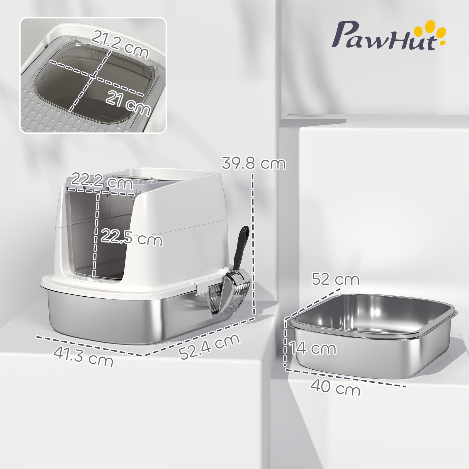 Large Stainless Steel Litter Box, Enclosed Metal Cat Litter Tray with Scoop, Deodoriser Bag, Front-Entry and Top-Exit