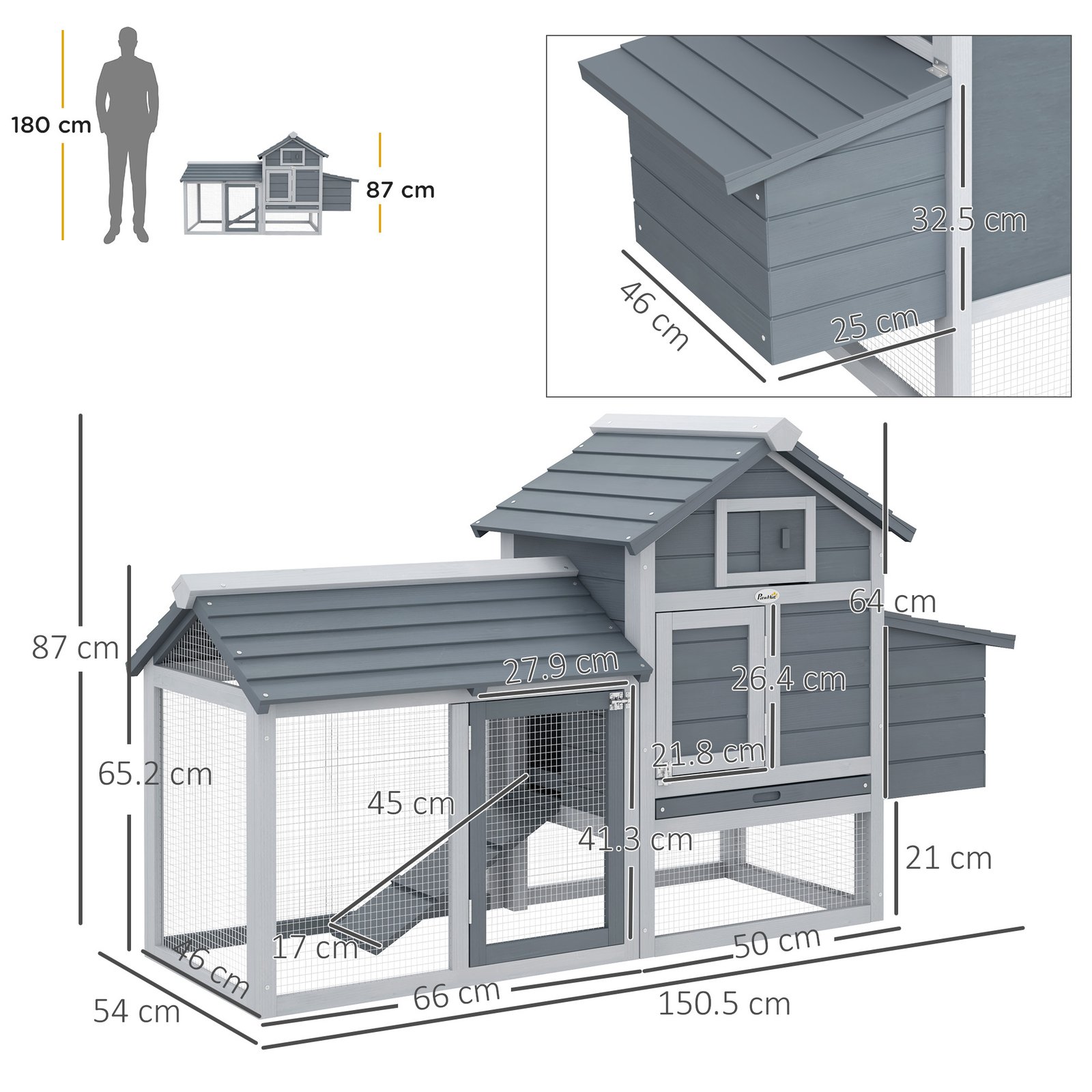 Small Chicken Coop with Run Hen House Poultry Coops Cages Nesting Box Grey 150.5 x 54 x 87cm - Image 3