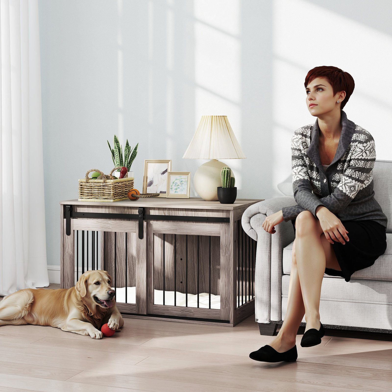 98cm Dog Crate Furniture with Removable Cushion for Large Dogs - Brown