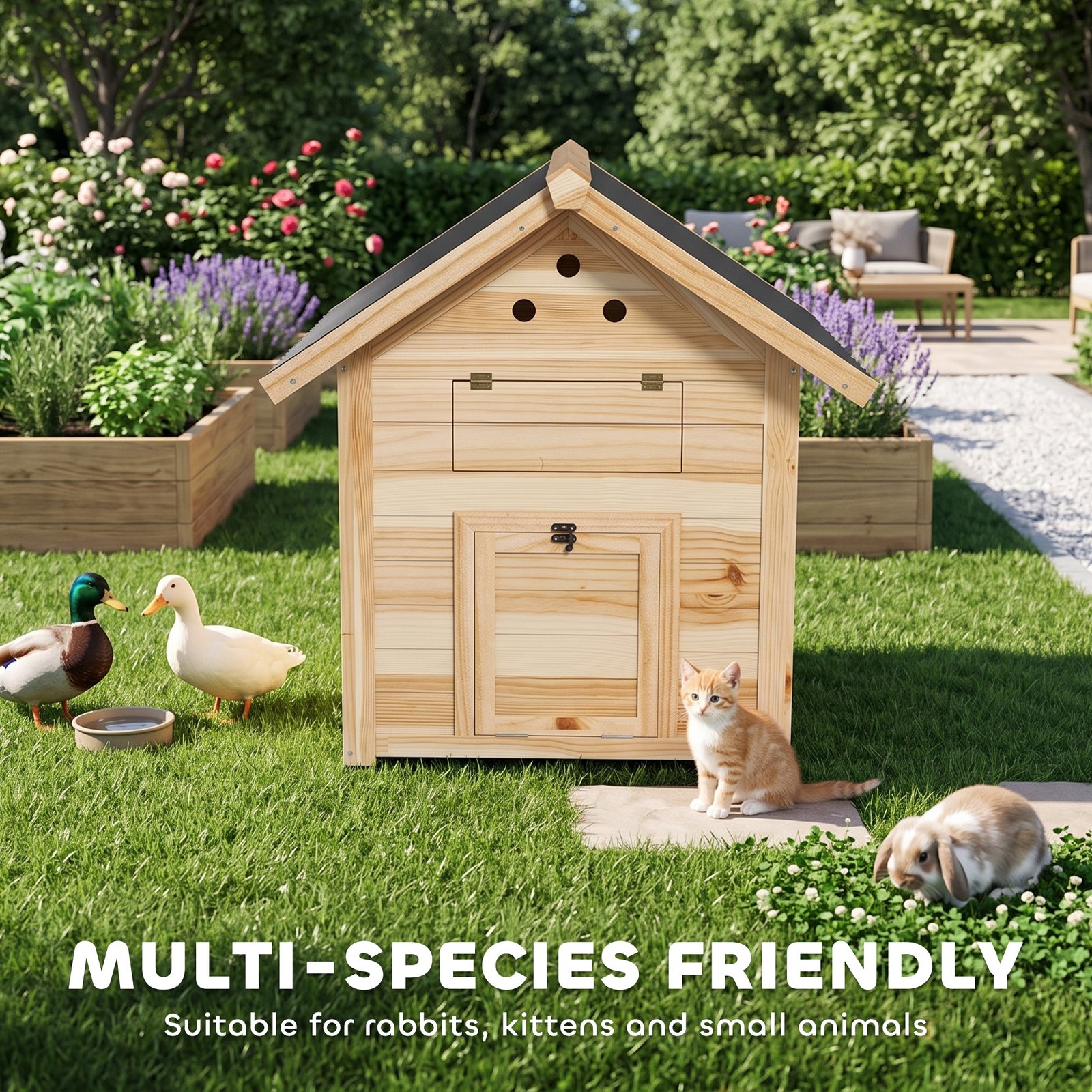 Wooden Duck House with Double Doors, Openable Roof, Ventilation Holes, Removable Base, Natural Wood Finish