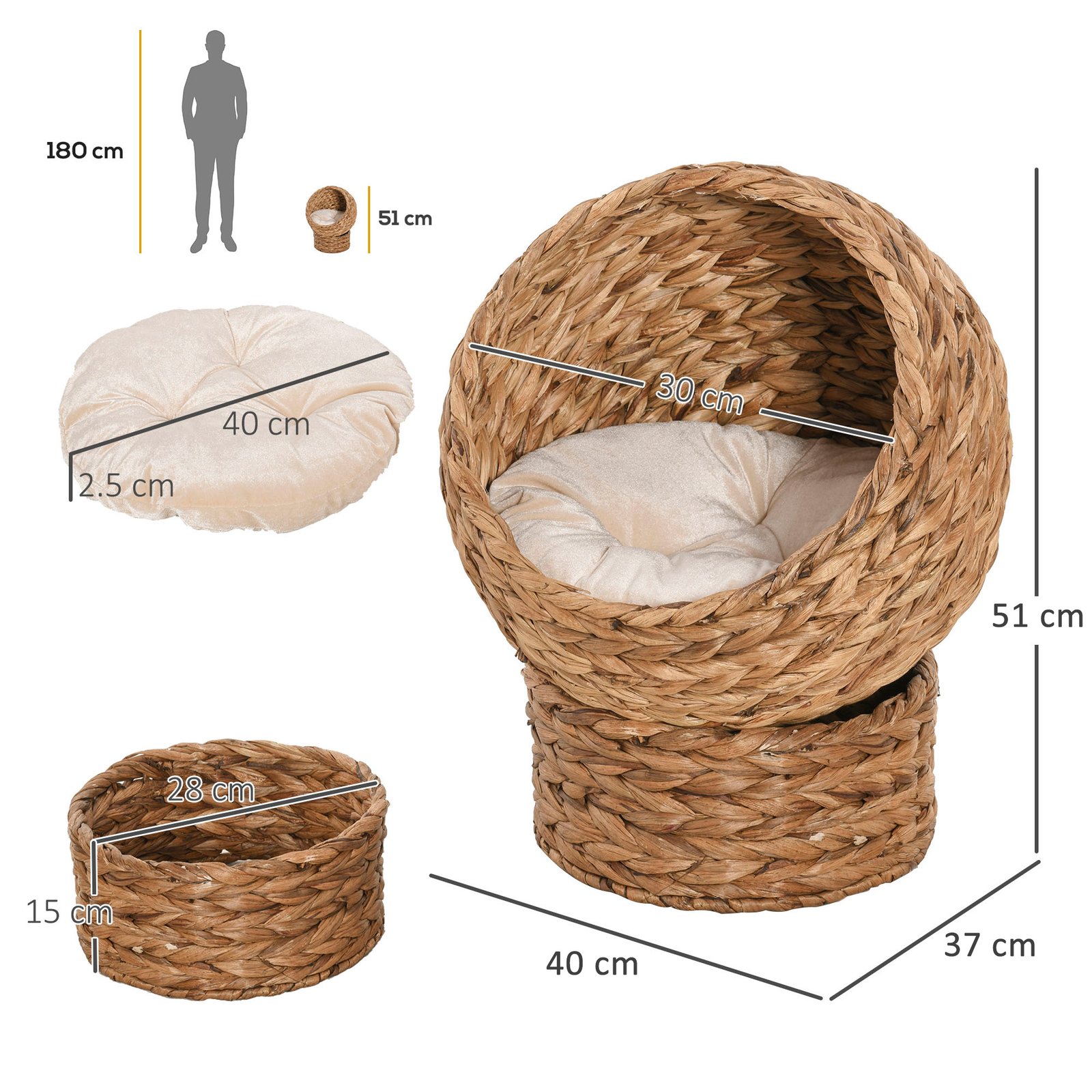 Wicker Cat Bed, Raised Rattan Cat Basket with Cylindrical Base, Soft Washable Cushion, 40 x 37 x 51 cm - Brown - Image 3