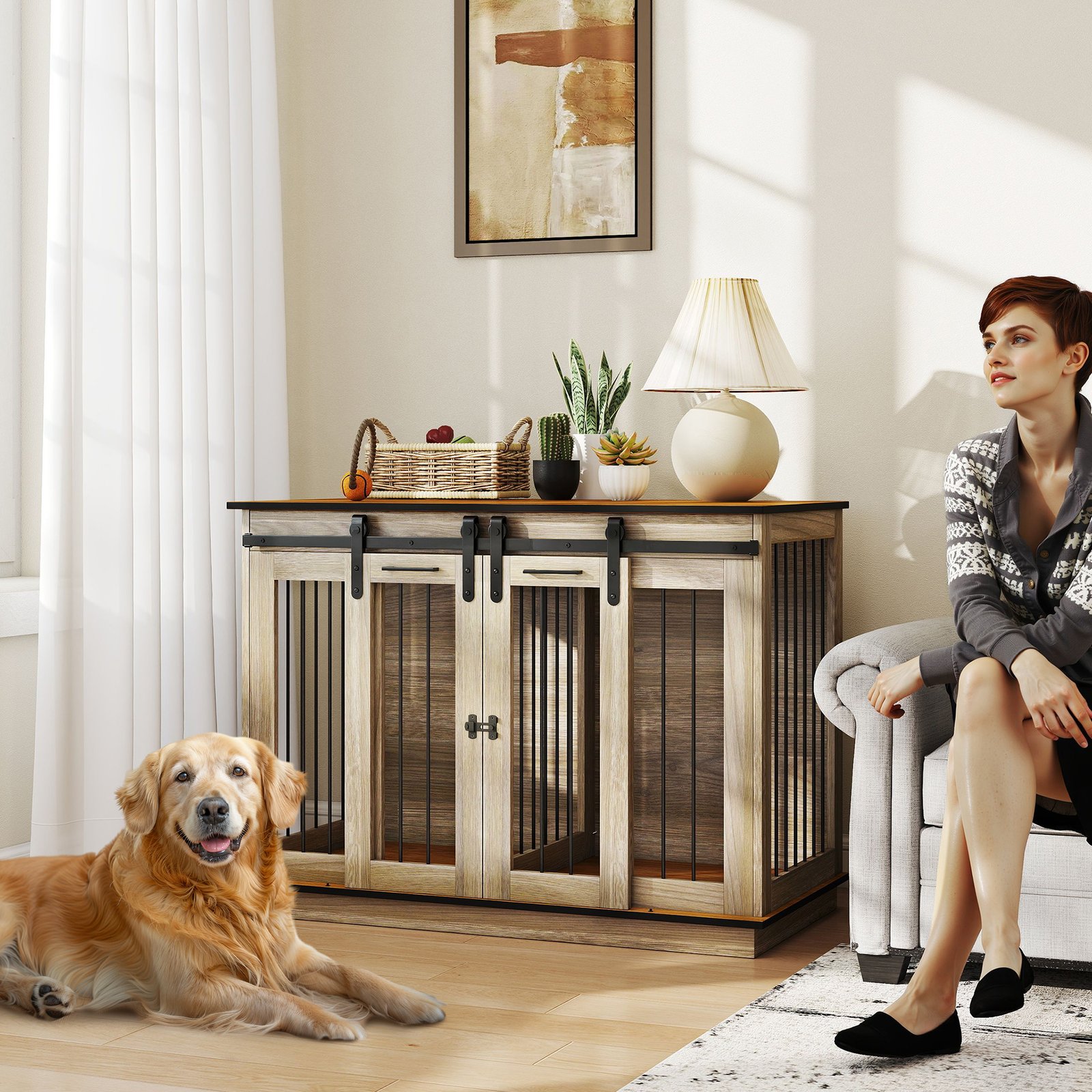 Dog Crate Furniture for Large Dogs, Double Dog Cage for Small Dogs, with Sliding Doors - Oak Tone - Image 9
