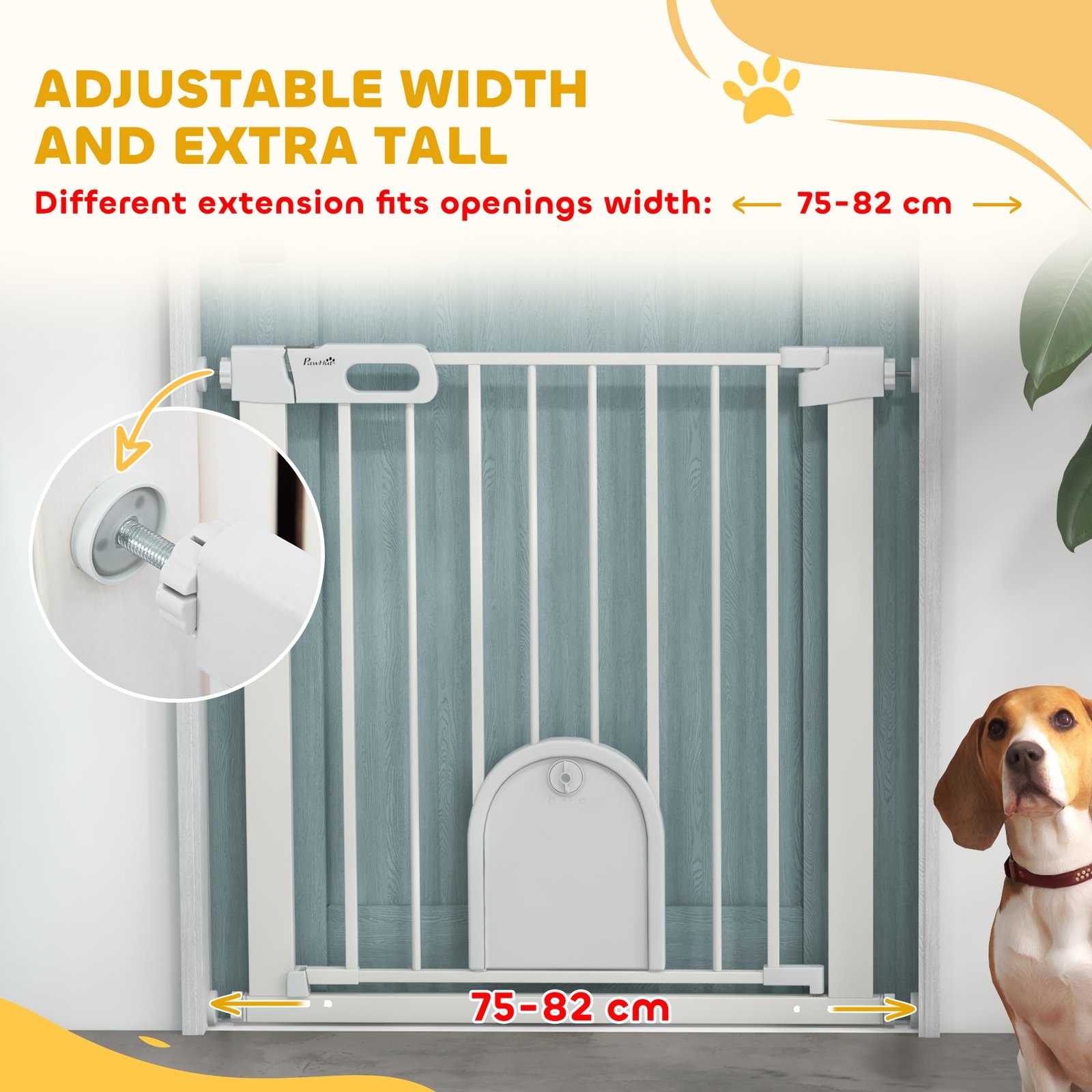 75-82cm Pet Safet Gaye, Pressure Fit Stair, with Cat Flap, Double Locking, White - Image 7