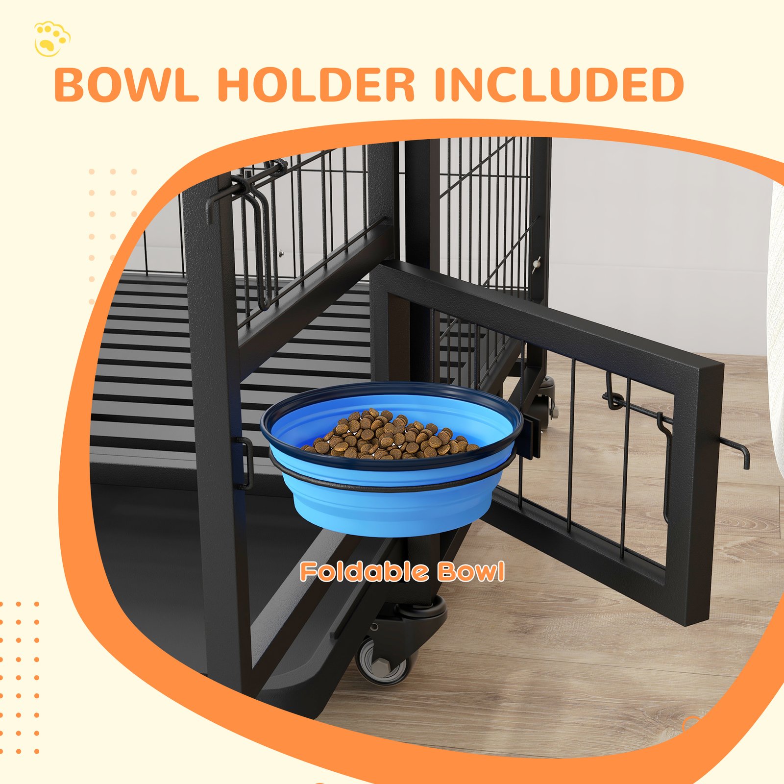 Heavy Duty Dog Crate on Wheels w/ Bowl Holder, Removable Tray, Openable Top, Detachable Door, for M, L Dogs - Image 5