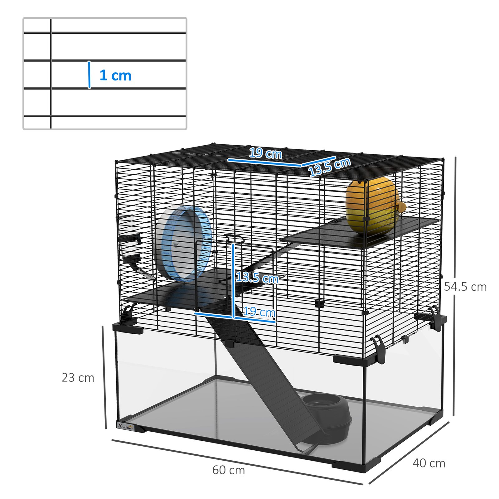 3 Tiers Hamster Cage, Gerbil Cage with Deep Glass Bottom, Non-Slip Ramps, Platforms, Hut, Exercise Wheels, Water Bottle, Dish, for Syrian Hamster, Dwarf Hamster, 60 x 40 x 54.5cm - Image 3