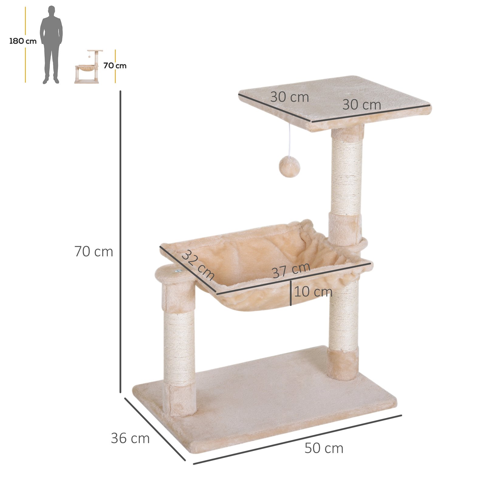Cat Scratch Post with Bed Cat Tree for Indoor Cats Sisal Scratching Posts Hammock Kitty Activity Centre Beige - Image 3