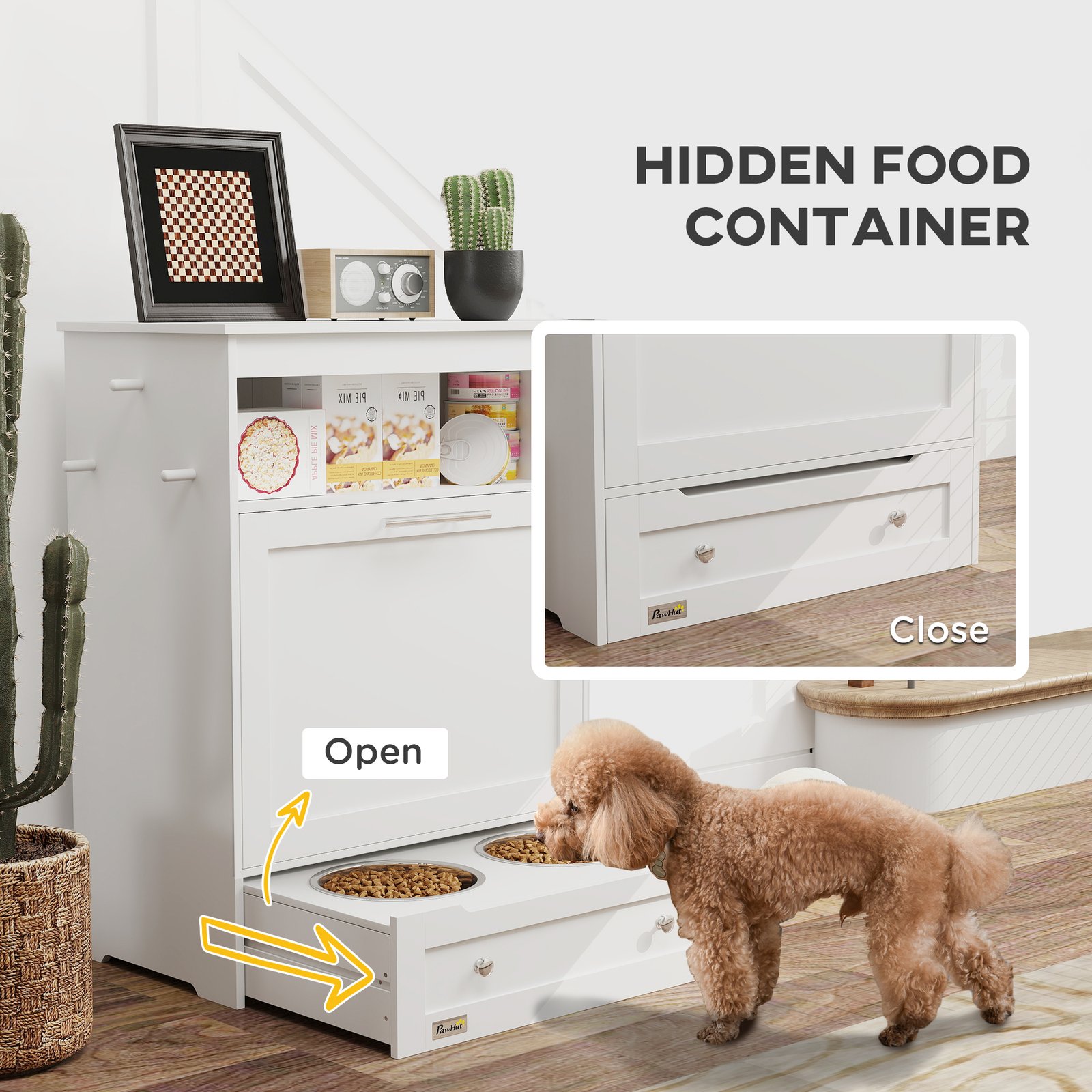 Pet Feeder Station, Dog, Cat Storage Container, with Raised Bowls, Hanger, Cabinet - White - Image 6
