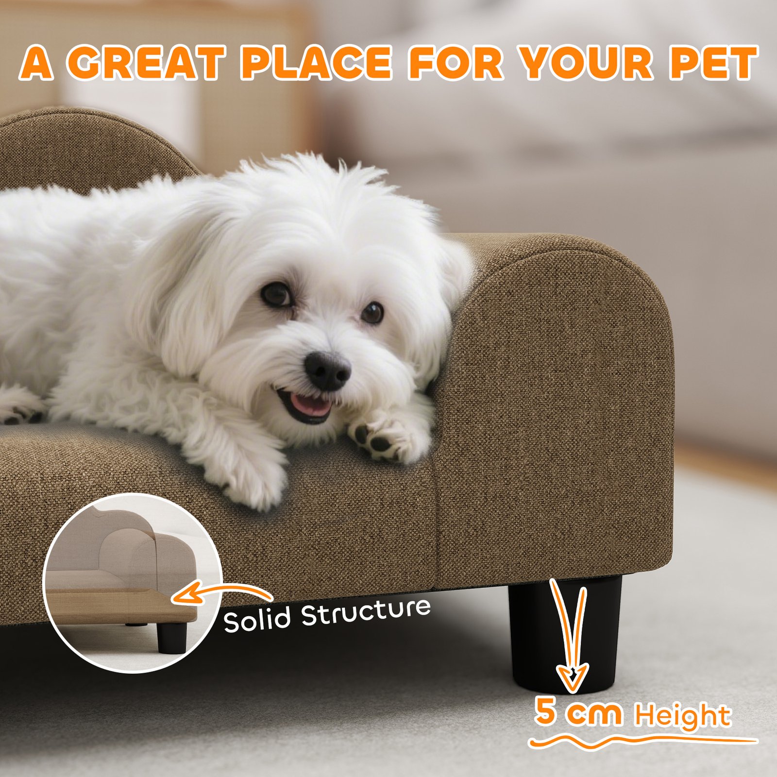 Elevated Dog Sofa Bed, Breathable Pet Sofa with Backrest and Armrest for Small Dogs, Brown - Image 6