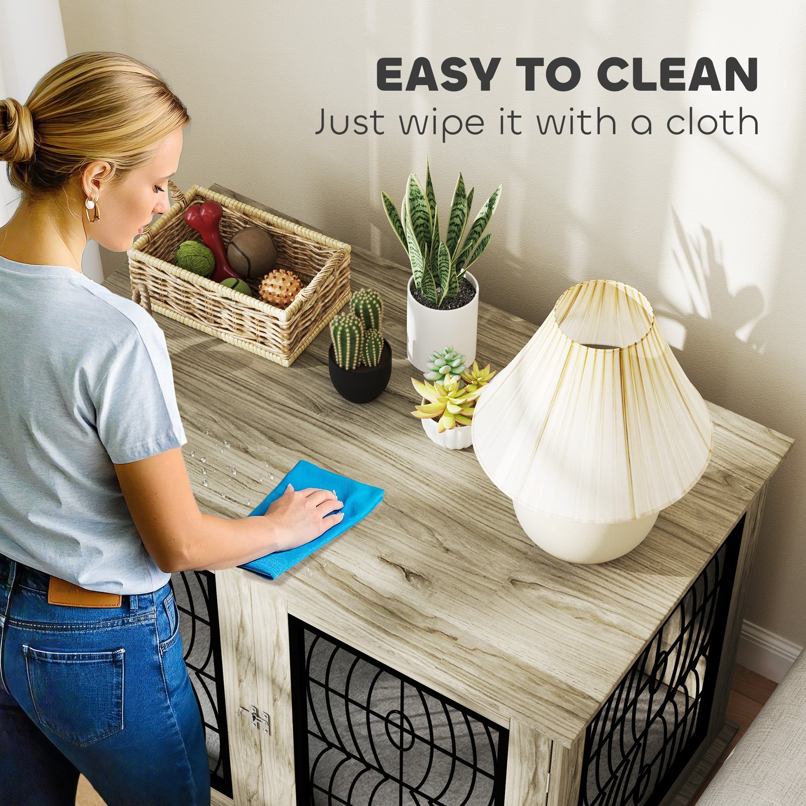 46.46'' Dog Crate Furniture Table with Soft Washable Cushion and Lockable Door, for Large Indoor Dogs, Grey - Image 6