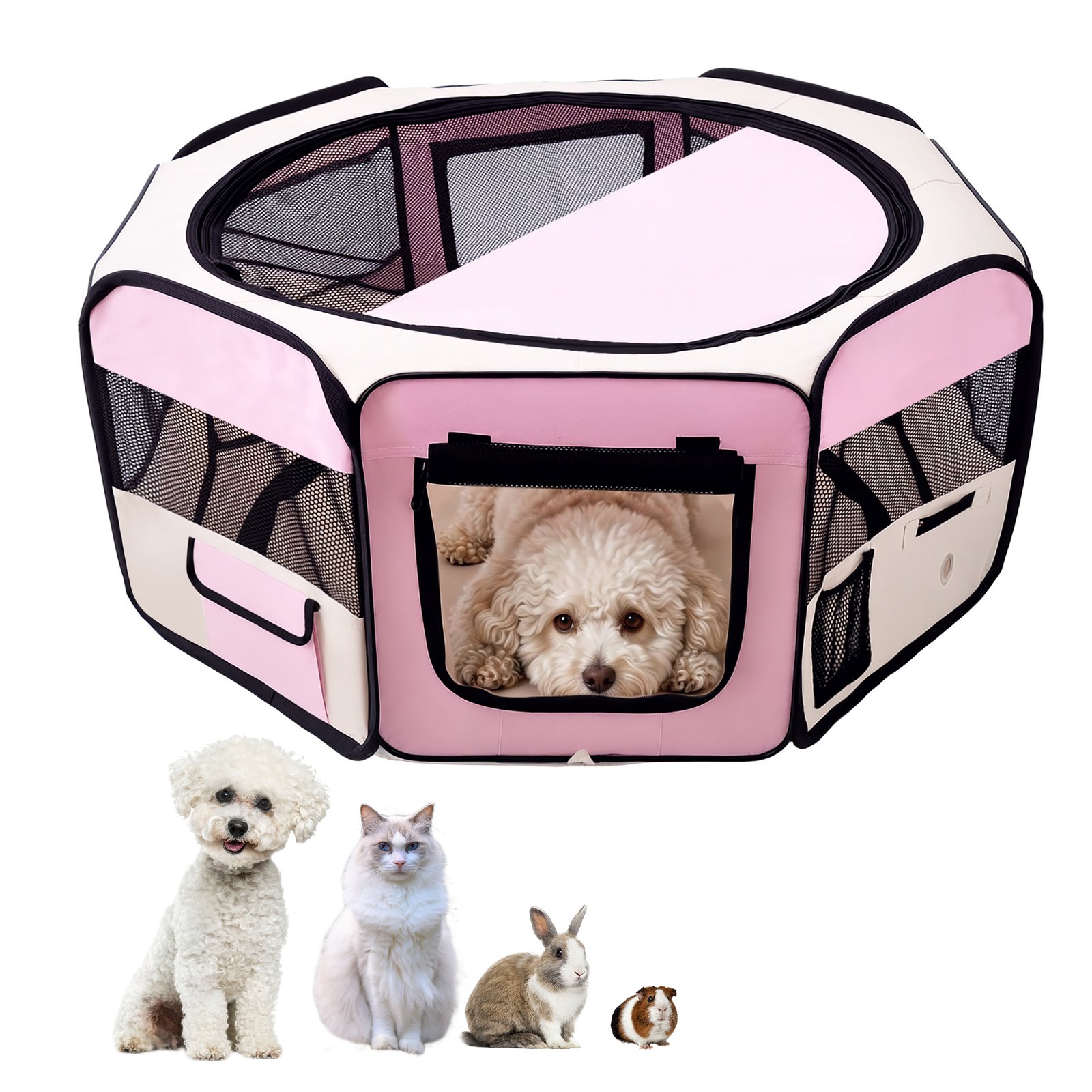 600D Oxford Soft Fabric Kennel, Portable Lightweight Cat Dog Playpen, Foldable Pet Puppy Rabbit Guinea Pig Pen Run Dia 90 x 41H cm Indoor & Outdoor Pink