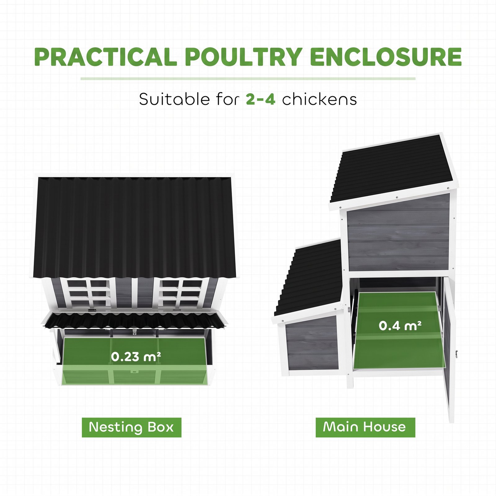 Wooden Chicken Coop with Nesting Box, Slide-Out Tray, Perches, for 2-4 Chickens, 100 x 86 x 100cm