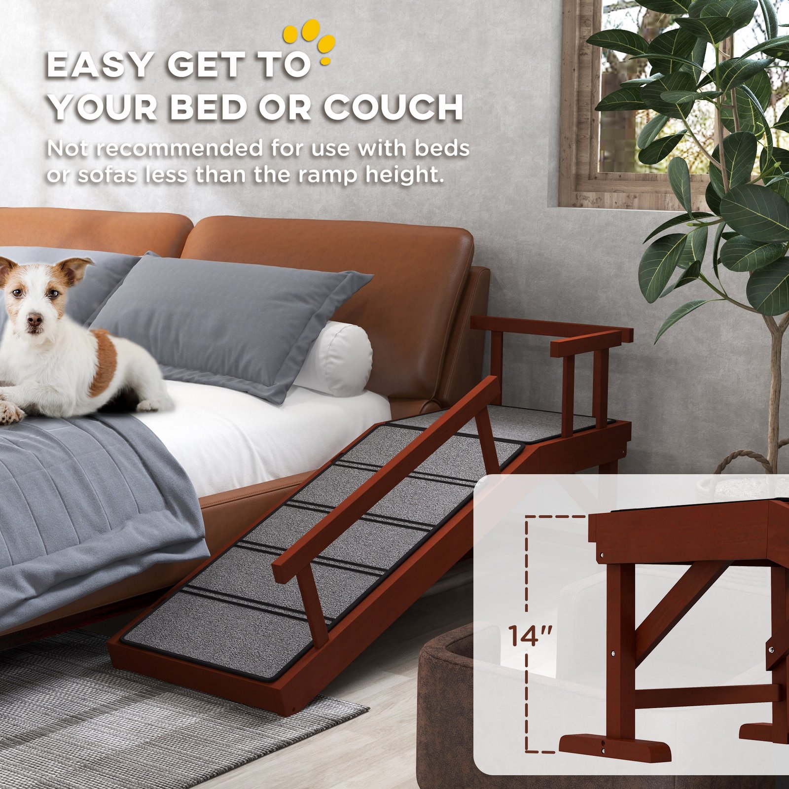 Wooden Dog Ramp with Removable Guardrails, Non-Slip Surface, 125 cm Long, Brown