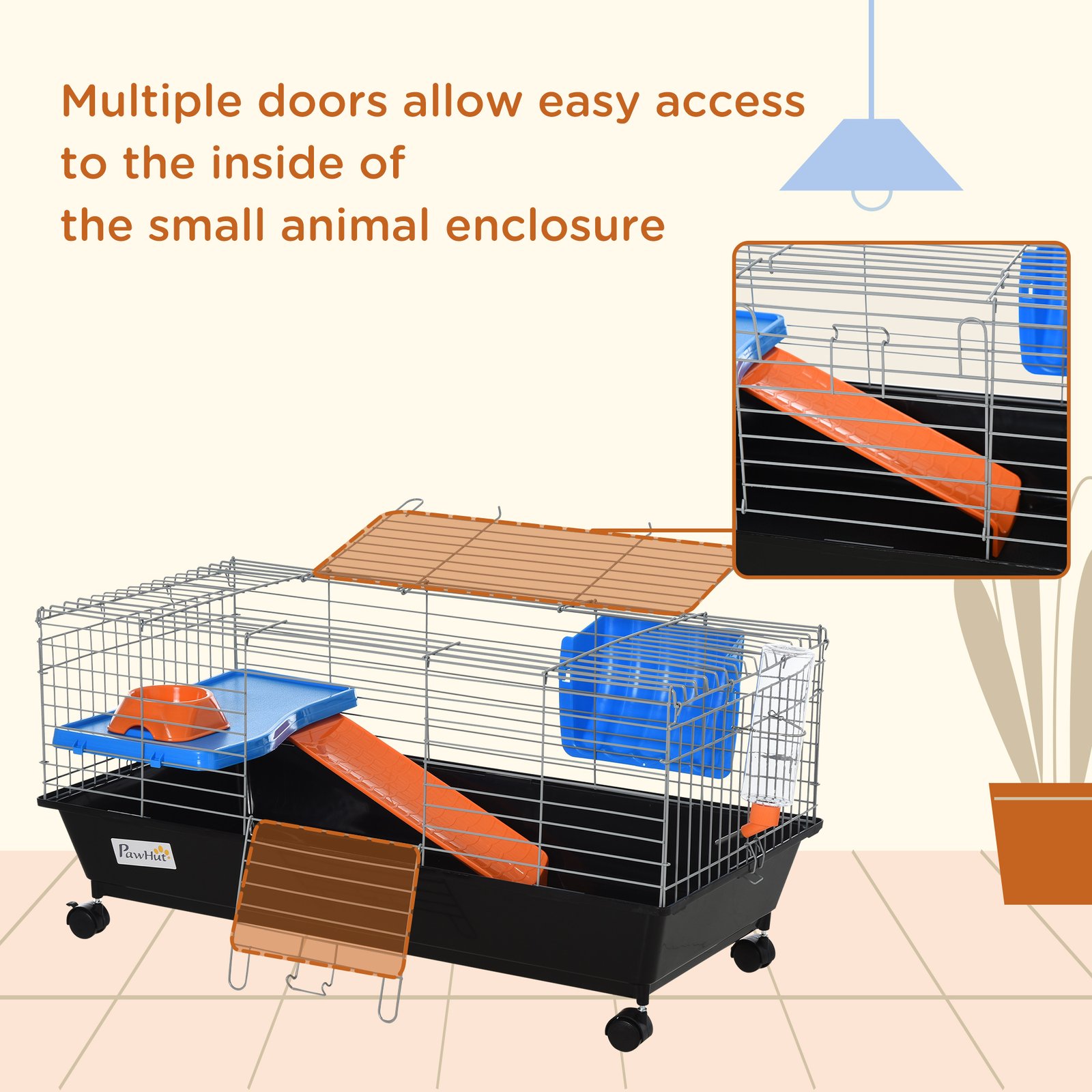 Small Animal Cage Rabbit Guinea Pigs Chinchillas Cage w/ Wheels Water Bottle Food Dish Platform Ramp 89 x 44 x 43 cm Black - Image 7