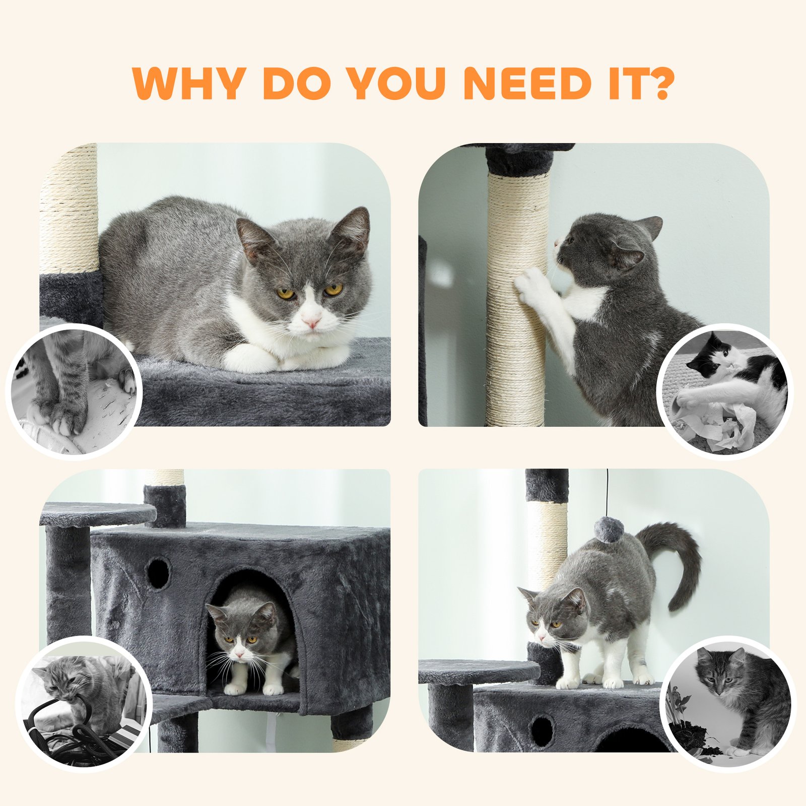 180cm Large Cat Tree Tower with Sisal Scratching Posts, Condos, Plush Perches, Hammock, Ladder, Dark Grey