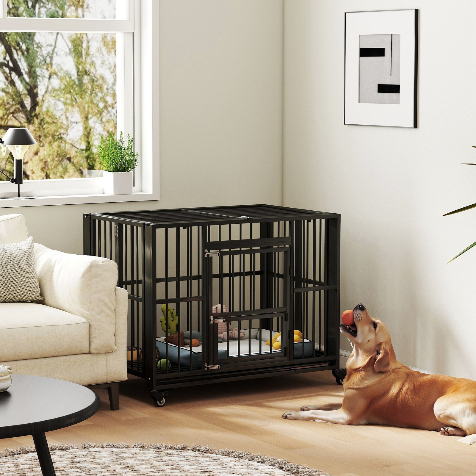 43" Heavy Duty Dog Crate, Foldable Dog Cage, with Openable Top, Locks, Removable Tray, Wheels - Black - Image 8