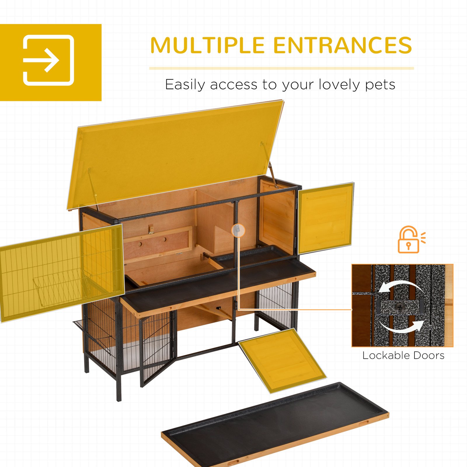 Rabbit Hutch Outdoor Guinea Pig Hutch Bunny Cage Metal Frame with No-Leak Tray Openable Roof Light Yellow 122 x 50 x 101cm - Image 7