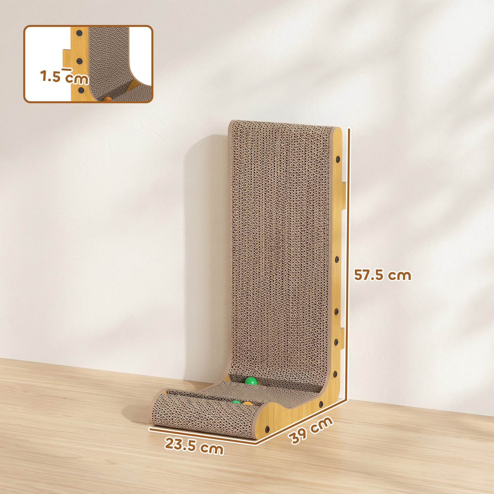 Cat Scratching Board Wall Mounted Cat Scratcher Corrugated 3 Toy Balls 39 x 23.5 x 57.5 cm Brown
