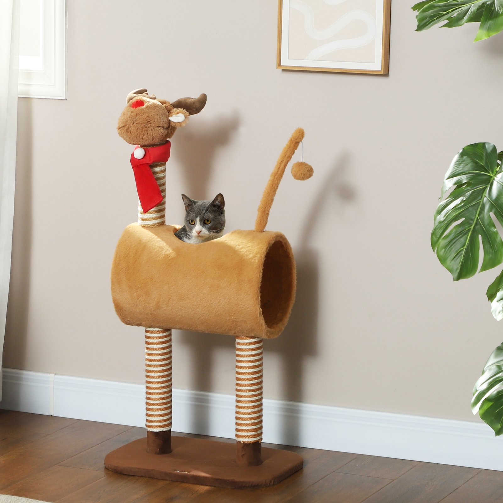 98cm Deer-Designed Cat Tree with Scratching Posts, Toy Ball, Tunnel, Brown - Image 9