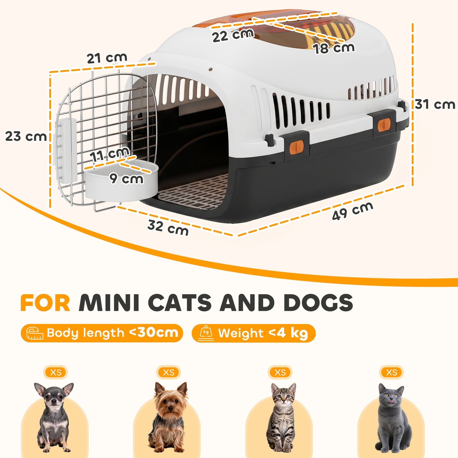 Plastic Pet Carrier Hard Shell Dog Cat Carrier Max 4 KG Steel Door Feed Bowl Secure Lock 49 x 32 x 31 cm