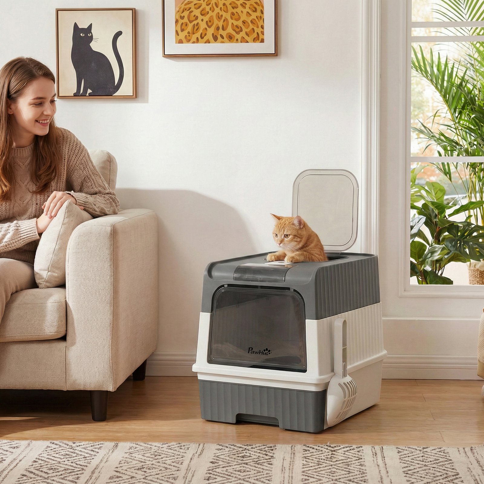 Enclosed Cat Litter Box with Lid, Pull-Out Drawer Tray, Scoop, 4 Deodorisation Bags, Front Entry & Top Exit, Grey
