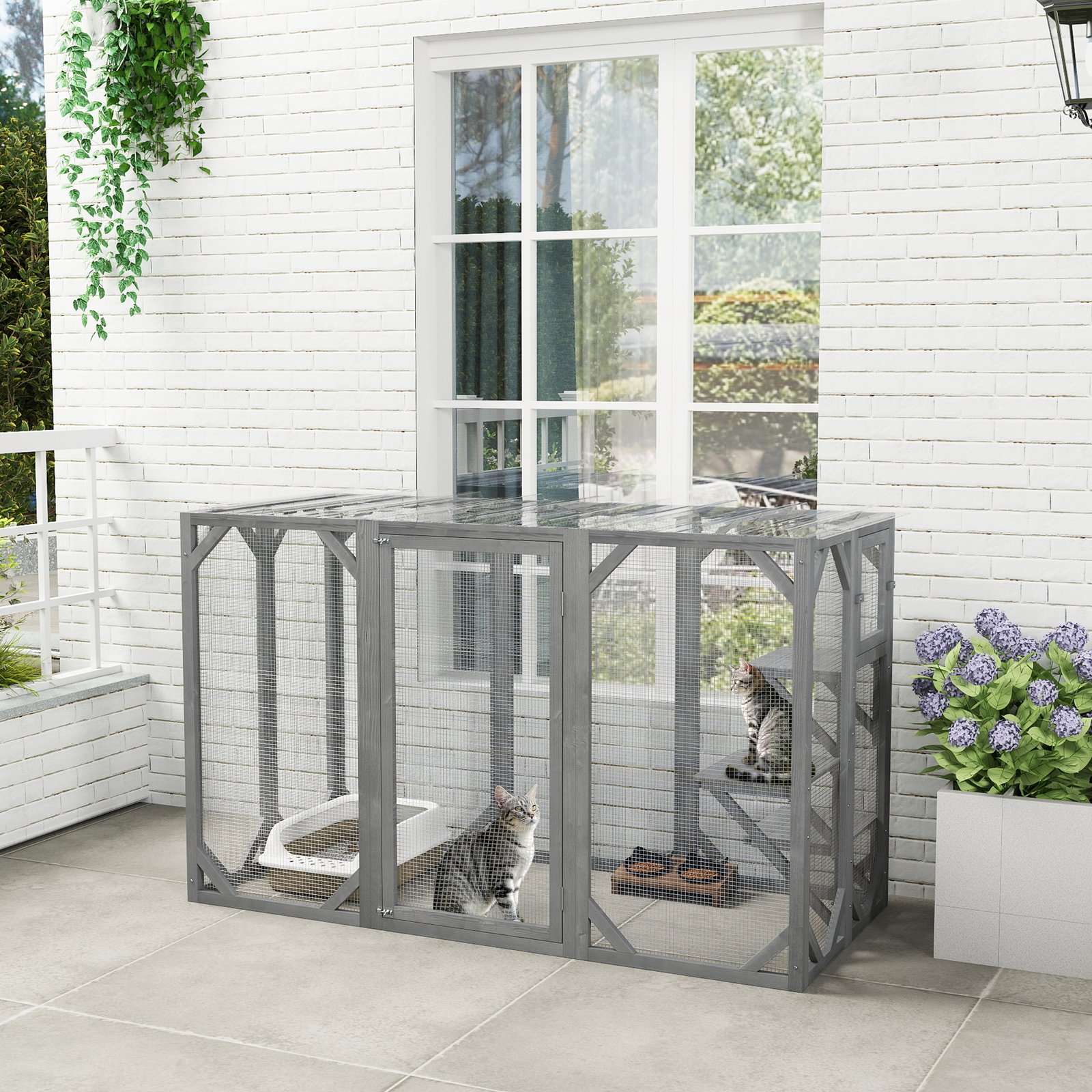 71" Outdoor Wooden Cat House with Three Platforms, Large Door, Water-Resistant Roof, for Multiple Cats, Grey - Image 9
