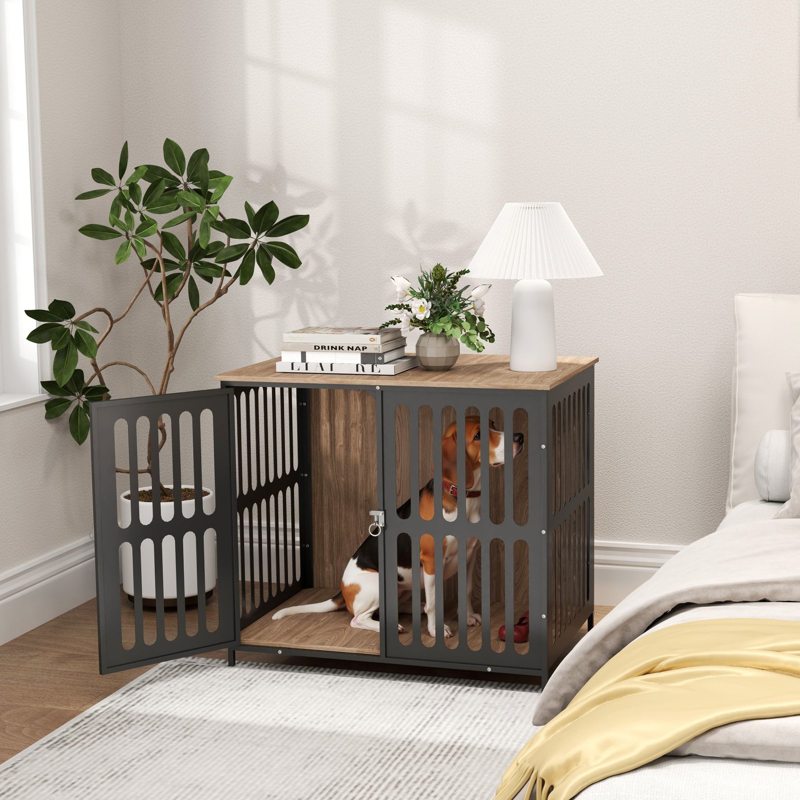 Dog Crate Furniture with Anti-Chew Resistant Mesh, Anti-Escape Single Door, for Medium Dogs, 80 x 55 x 72 cm