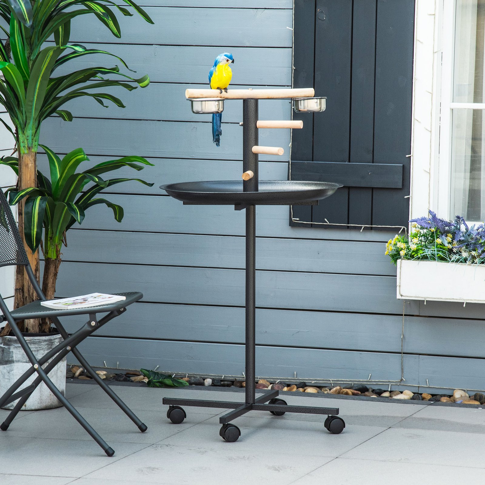 Parrot Perch Stand, Large Bird Play Stand, Metal Bird Table Feeder Station with Stainless Steel Bowls, Four Wheels, Round Tray, Black