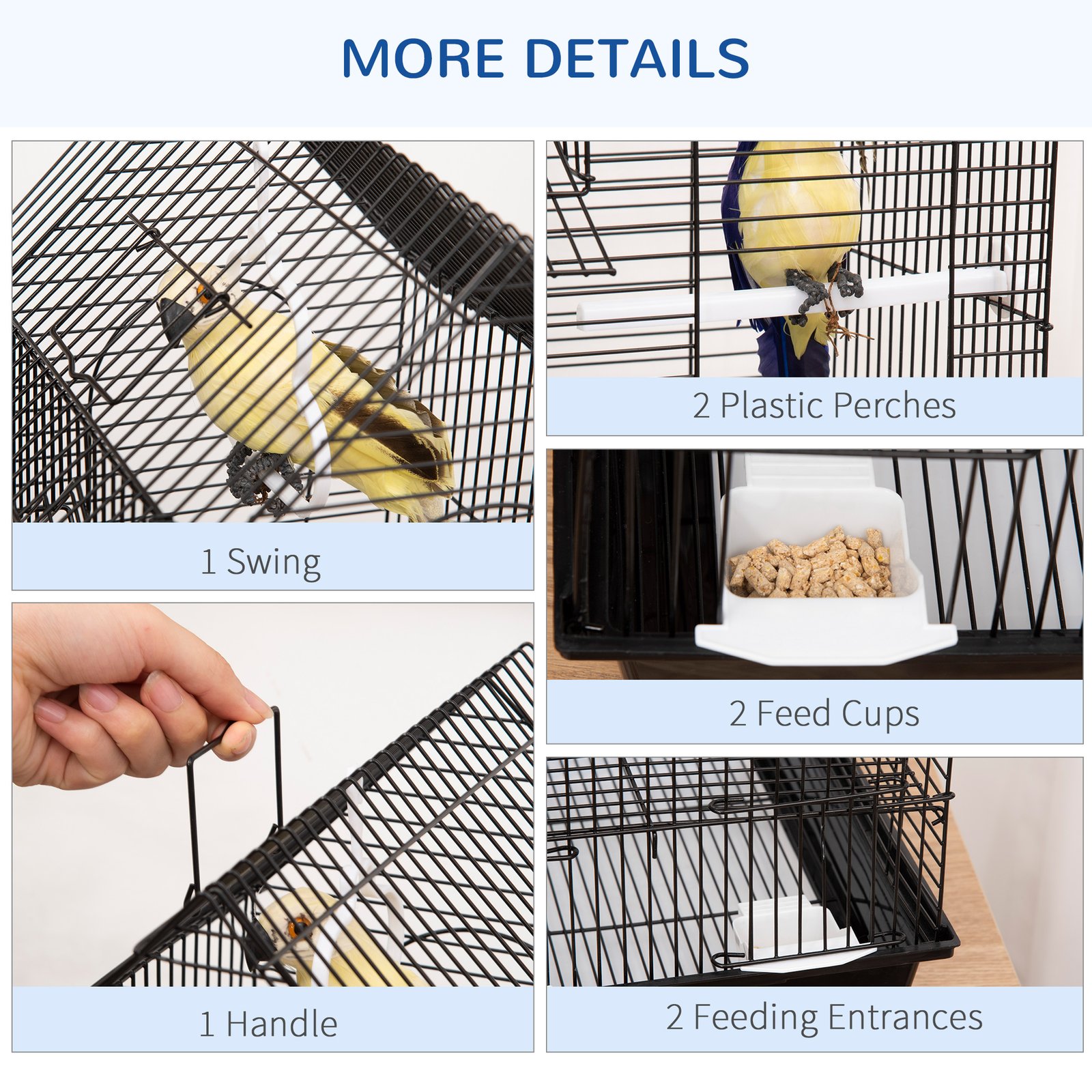 Metal Bird Cage for Finch, Canary w/ Food Containers, Swing Ring, Tray, Handle, 39 x 33 x 47cm - Image 4
