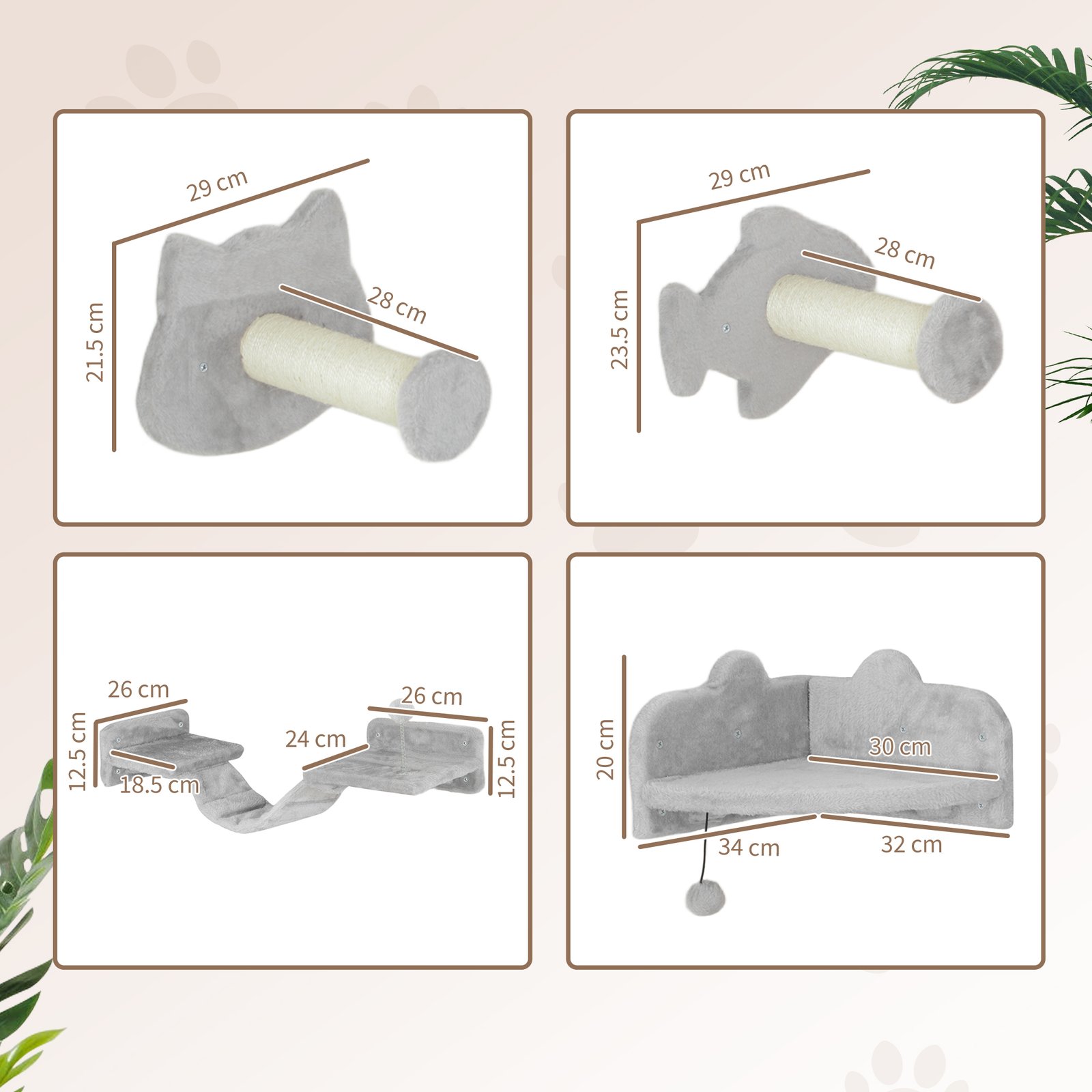 4-Piece Cat Wall Shelves with Steps, Ladder, Jumping Platforms, Light Grey - Image 3