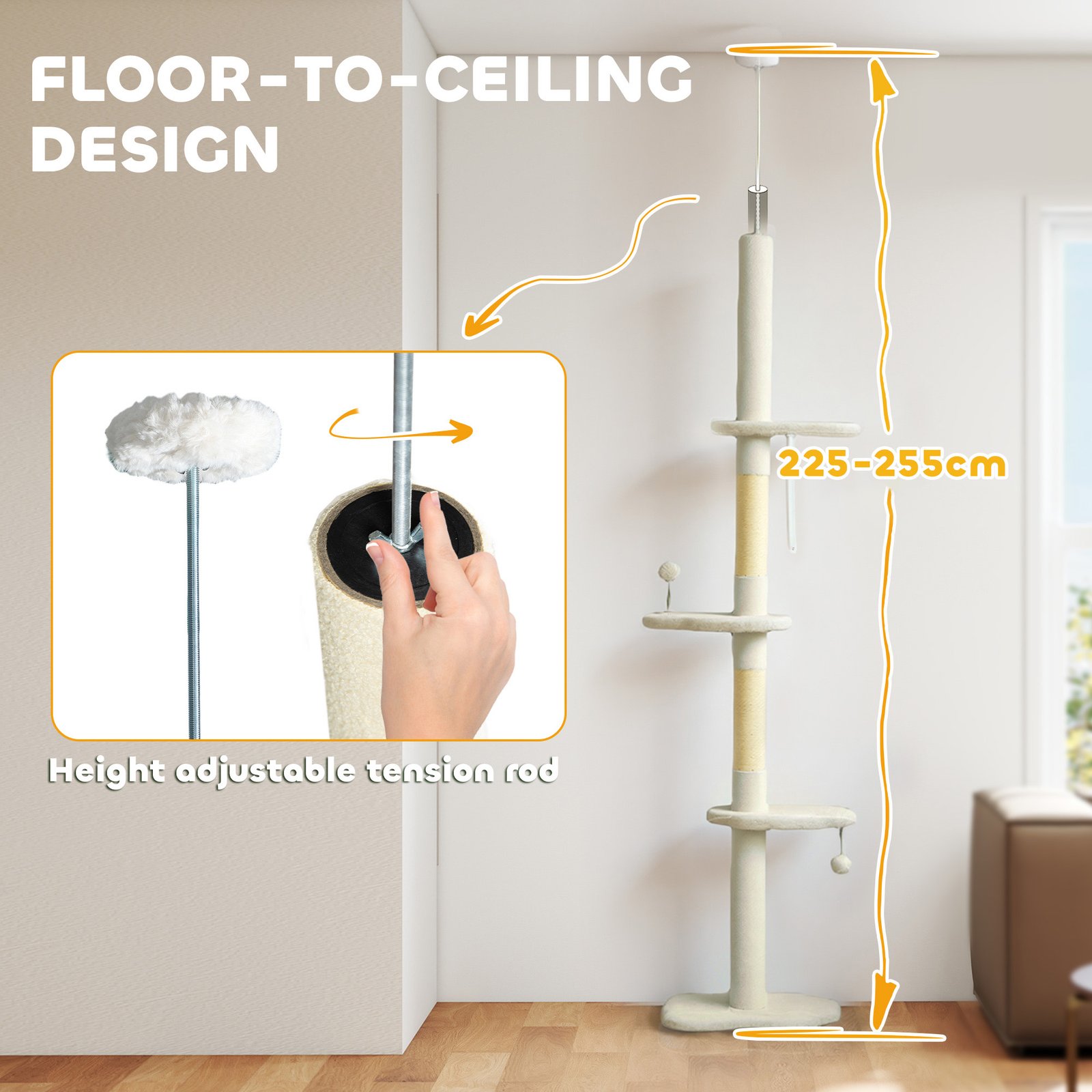 225-255 cm Adjustable Cat Climbing Tower with Sisal Scratching Posts, 2 Hanging Play Balls and Anti-Tip Strap, Beige