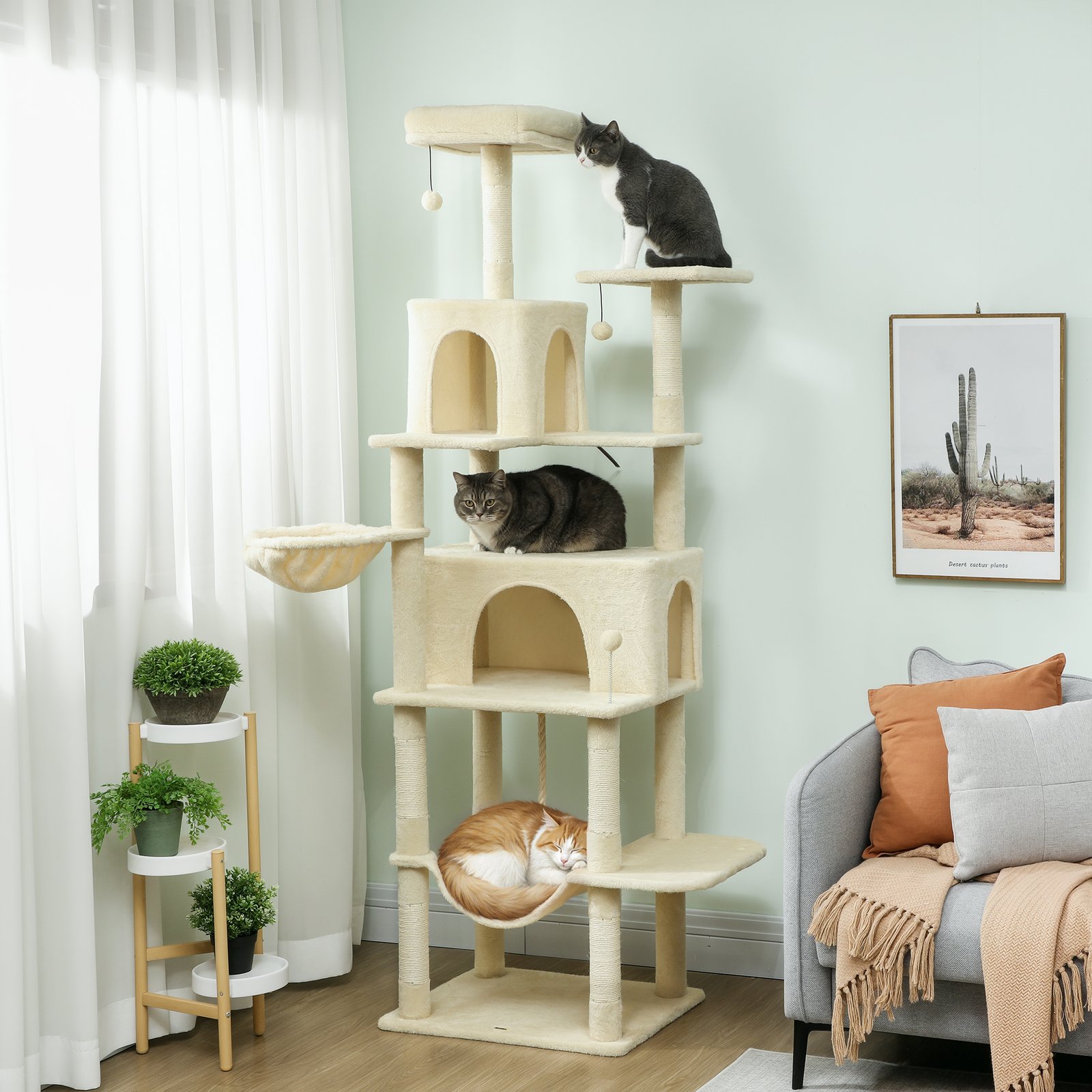 202cm Cat Tree with 6 Scratching Posts, 2 Hammocks, 2 Condos, 2 Perches, Pompoms, for Cats to Rest and Play, Beige - Image 9