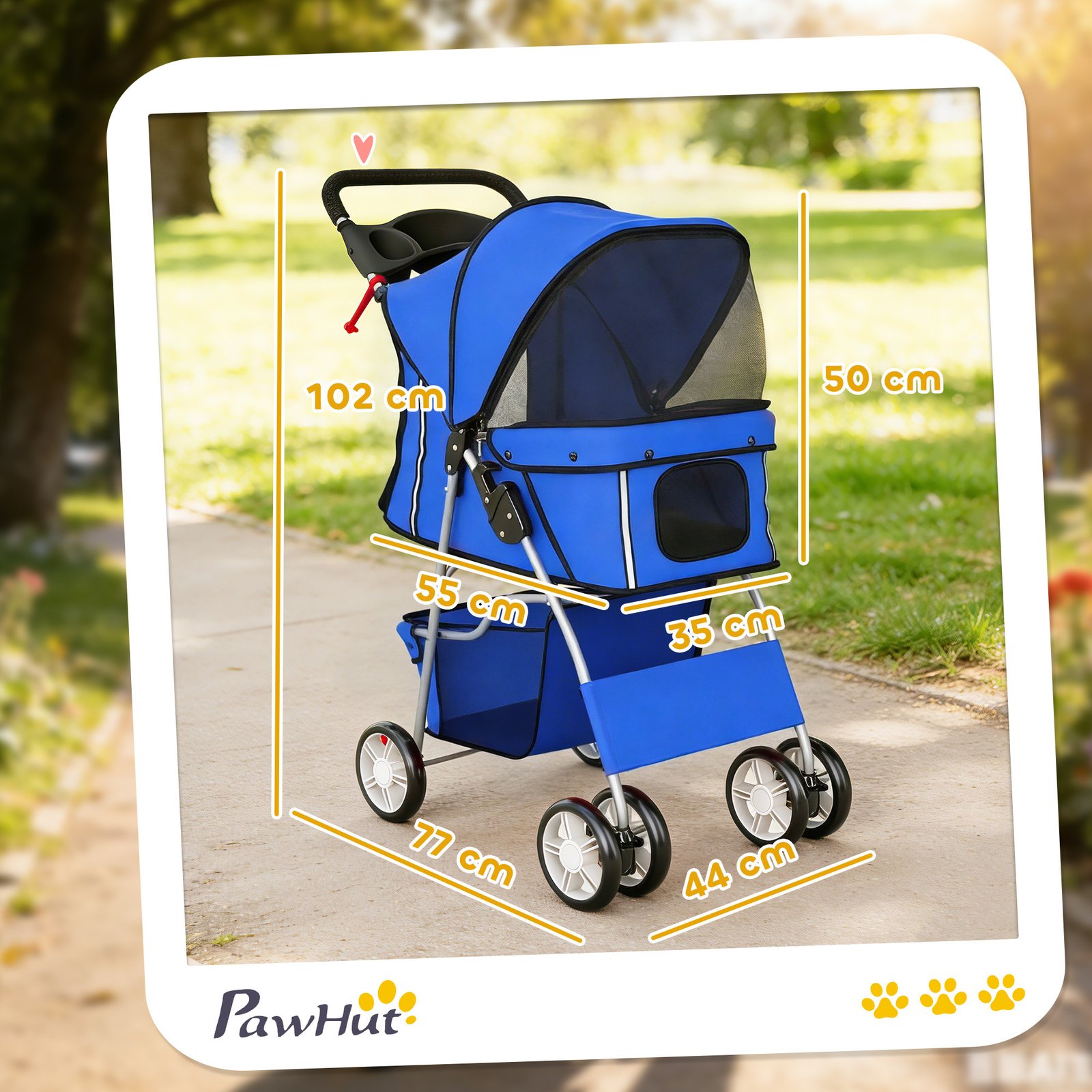 Dog Pram, Pet Stroller with Reflective Strips, Foldable Cat Stroller with 360° Swivel Wheels, Blue