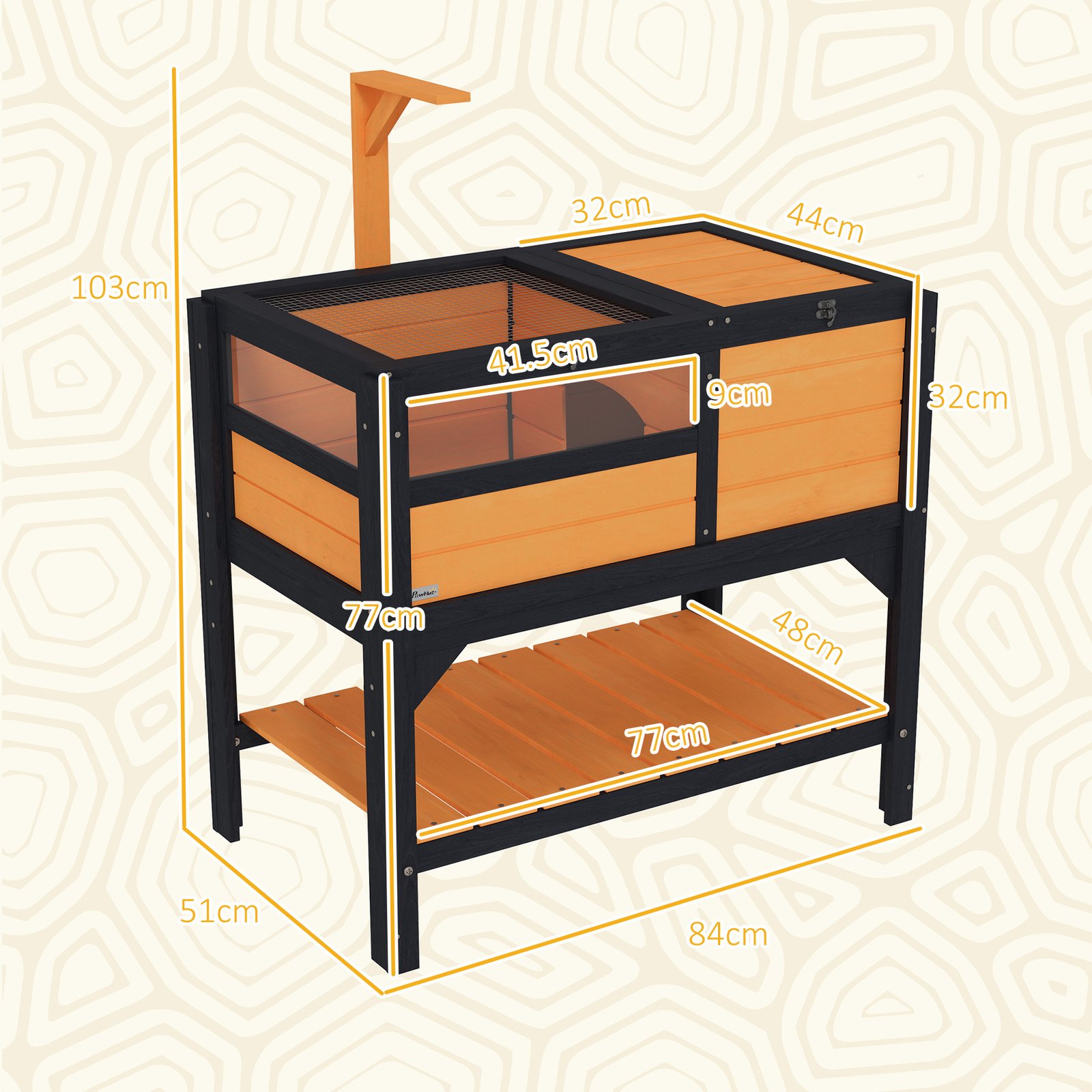 Wooden Tortoise House, with Shelter, Run, Shelf, Lamp Holder, Tray, Yellow