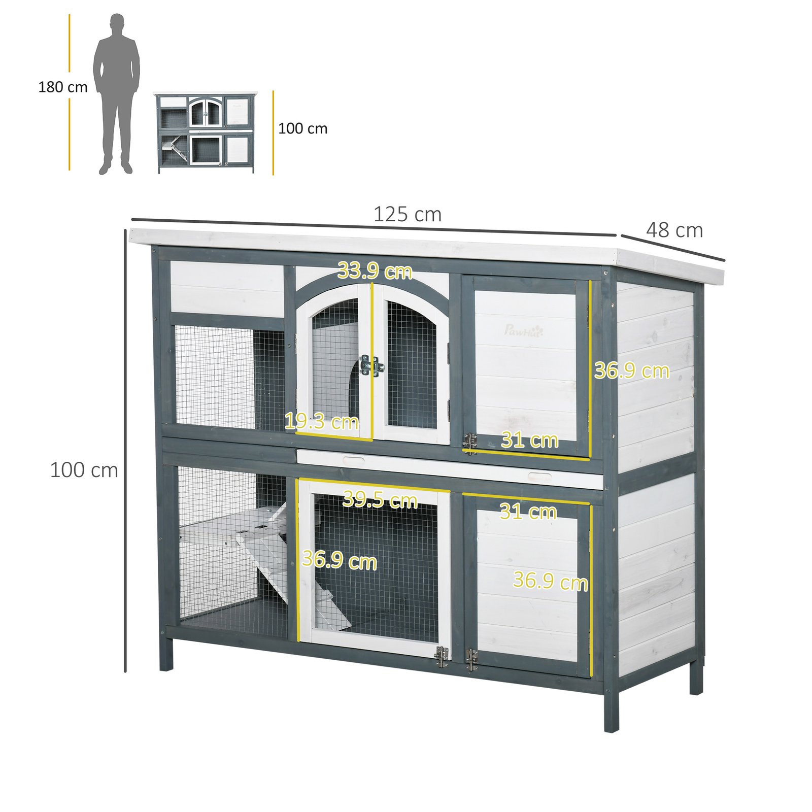 Rabbit Hutch Outdoor Guinea Pig Hutch 2 Tier Wooden Cage w/ Ramp, Divider, Openable Roof, 125 x 48 x 100cm - Grey - Image 3