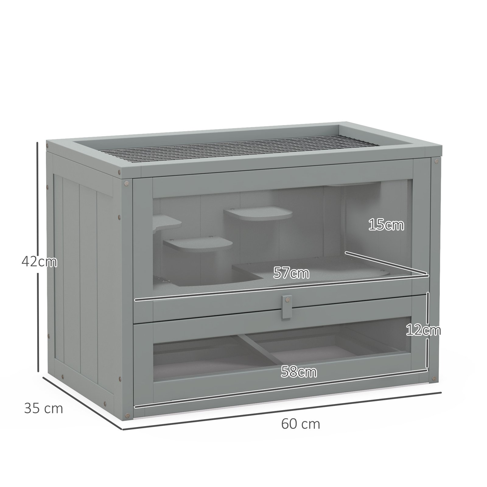 Wooden Hamster Cage Mouse Mice Rodent Small Animals Hutch Exercise Play House 60 x 35 x 42cm, Grey