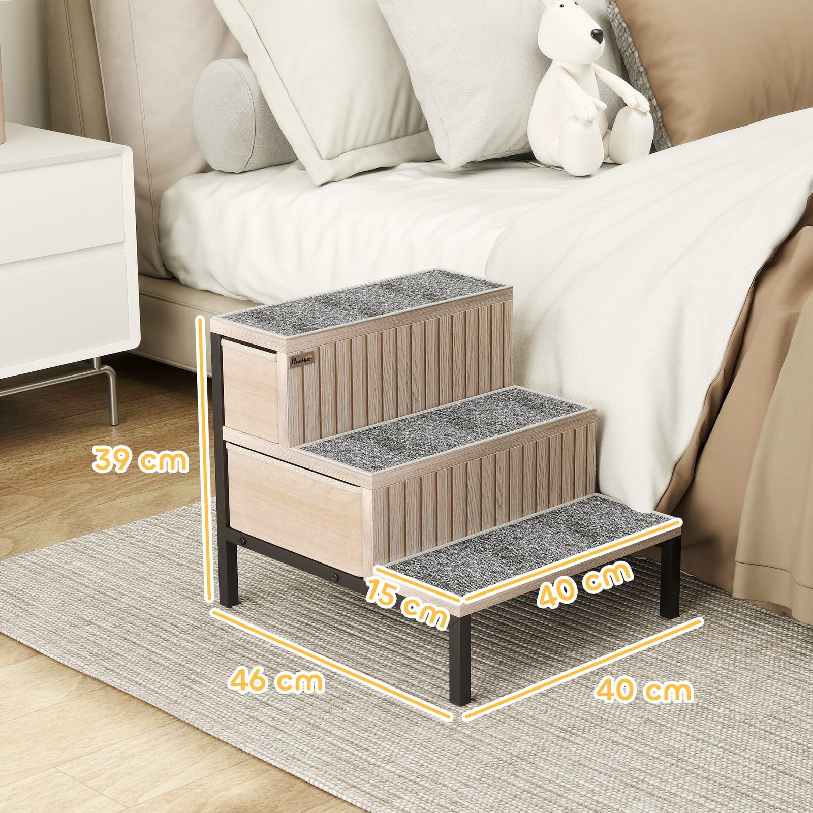 Dog Stairs with Storage, Non-Slip Cover, Pet Steps for Small Dogs & Older Cats, for Sofa, High Bed, Oak Tone - Image 3